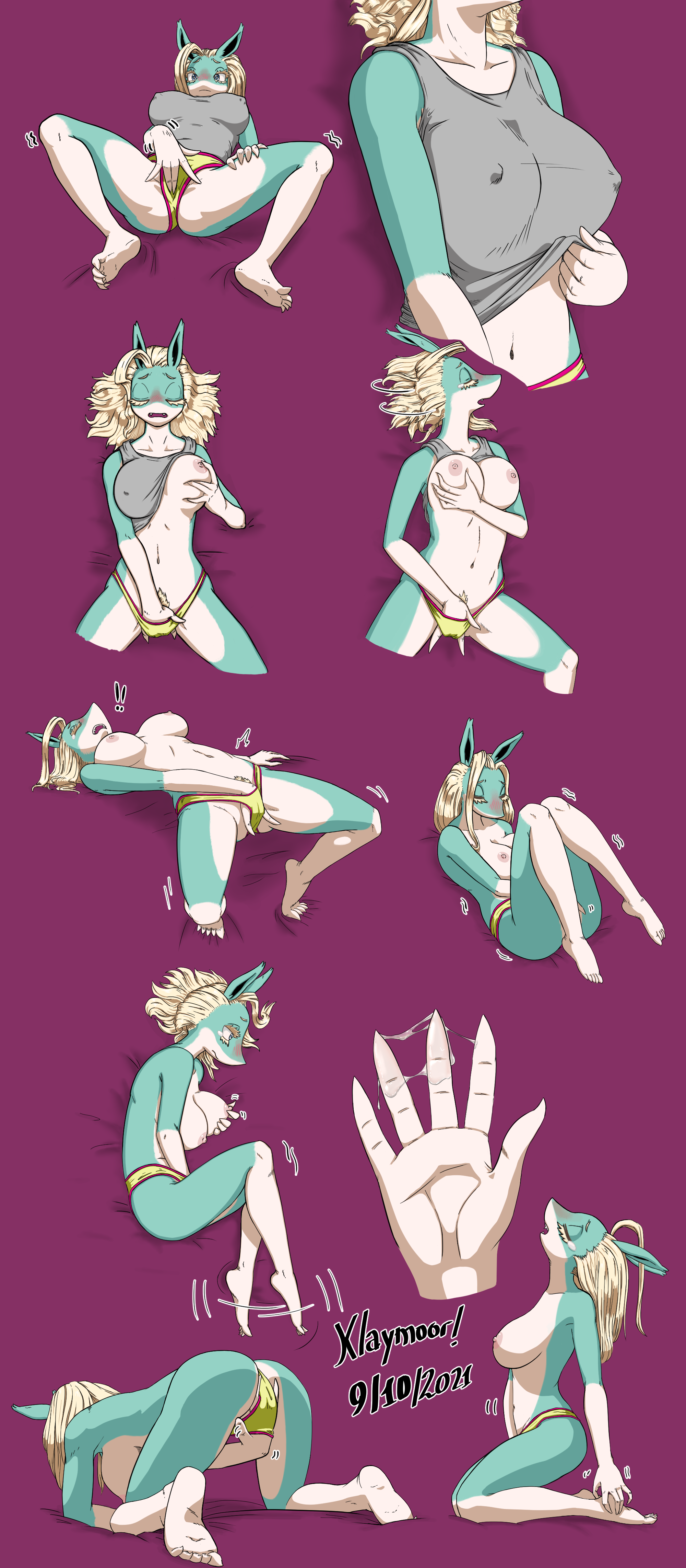 klaymoor, my hero academia, purple background, 1girls, anthro, areolae, big breasts, blonde hair, blue body, blush, breasts, female, fingering, furry, genital fluids, large breasts, masturbation, mutant lady (my hero academia), nipple bulge, nipples, panties down, two tone body, 