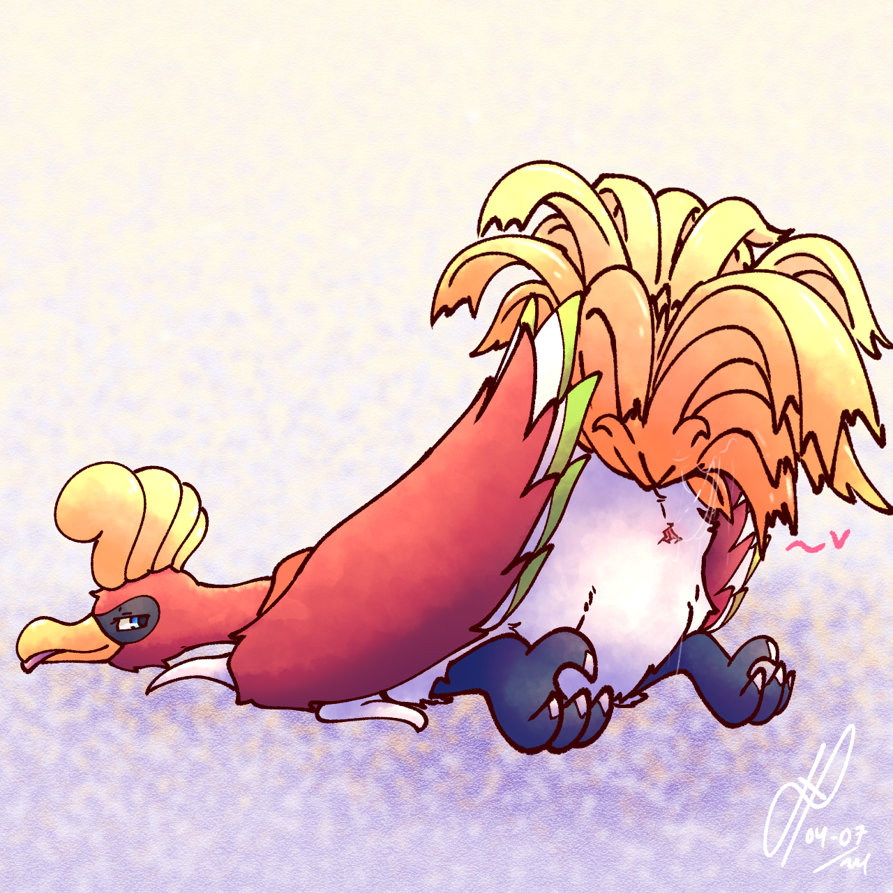 animal_genitalia ass ass_up avian beak bedroom_eyes bodily_fluids cloaca feathers feet female feral fridaylugia generation_2_pokemon genitals hi_res ho-oh legendary_pokemon lying narrowed_eyes nintendo on_front pokemon pokemon_(species) red_body red_feathers scarf seductive solo talons toes tongue tongue_out white_body white_feathers wings