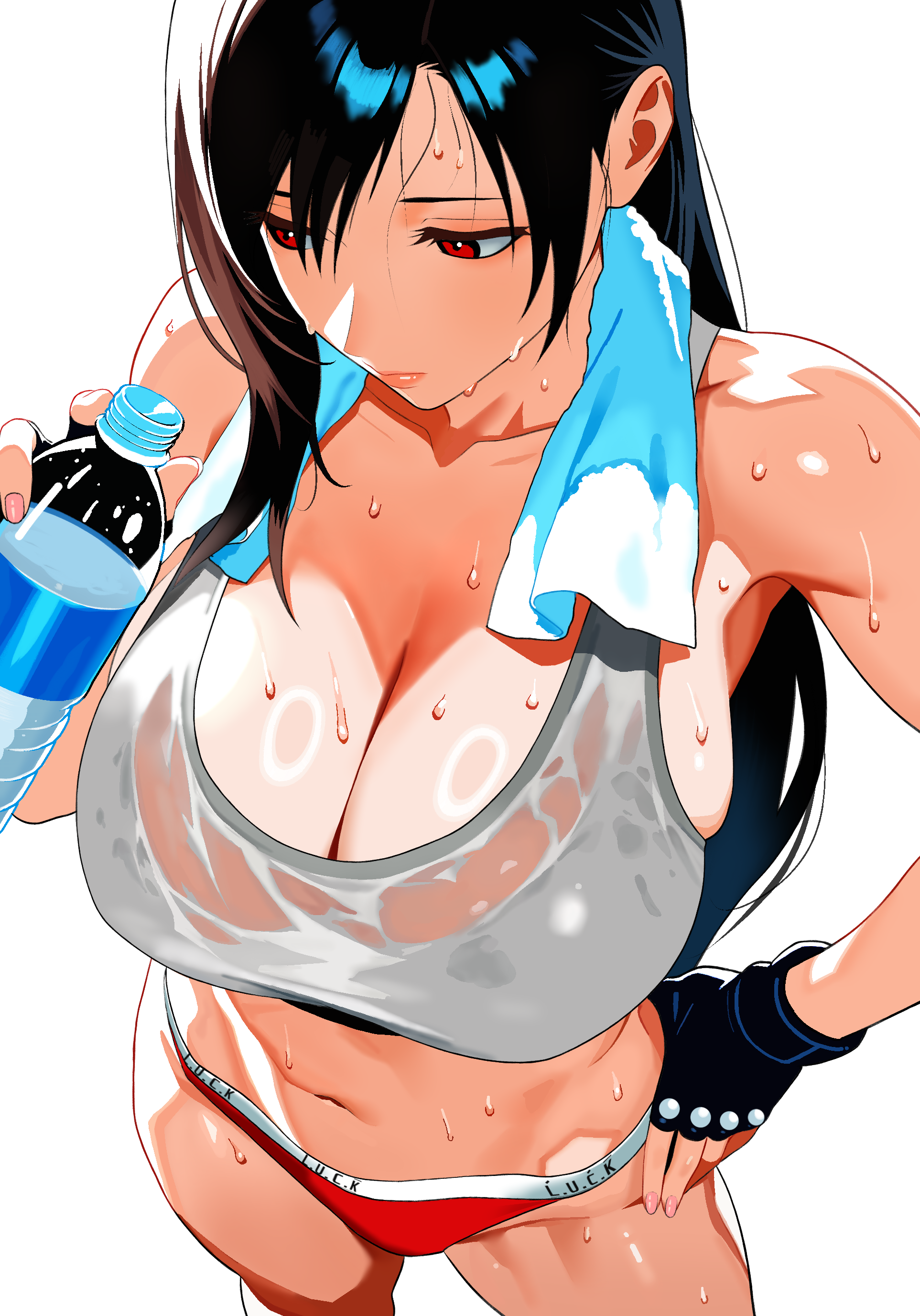 1girls absurdres black_hair bottle breasts cleavage collarbone djbluck female female_focus final_fantasy final_fantasy_vii highres holding holding_bottle large_breasts long_hair panties red_eyes red_panties solo square_enix sweat sweatdrop tifa_lockhart towel towel_around_neck underwear water_bottle white_background
