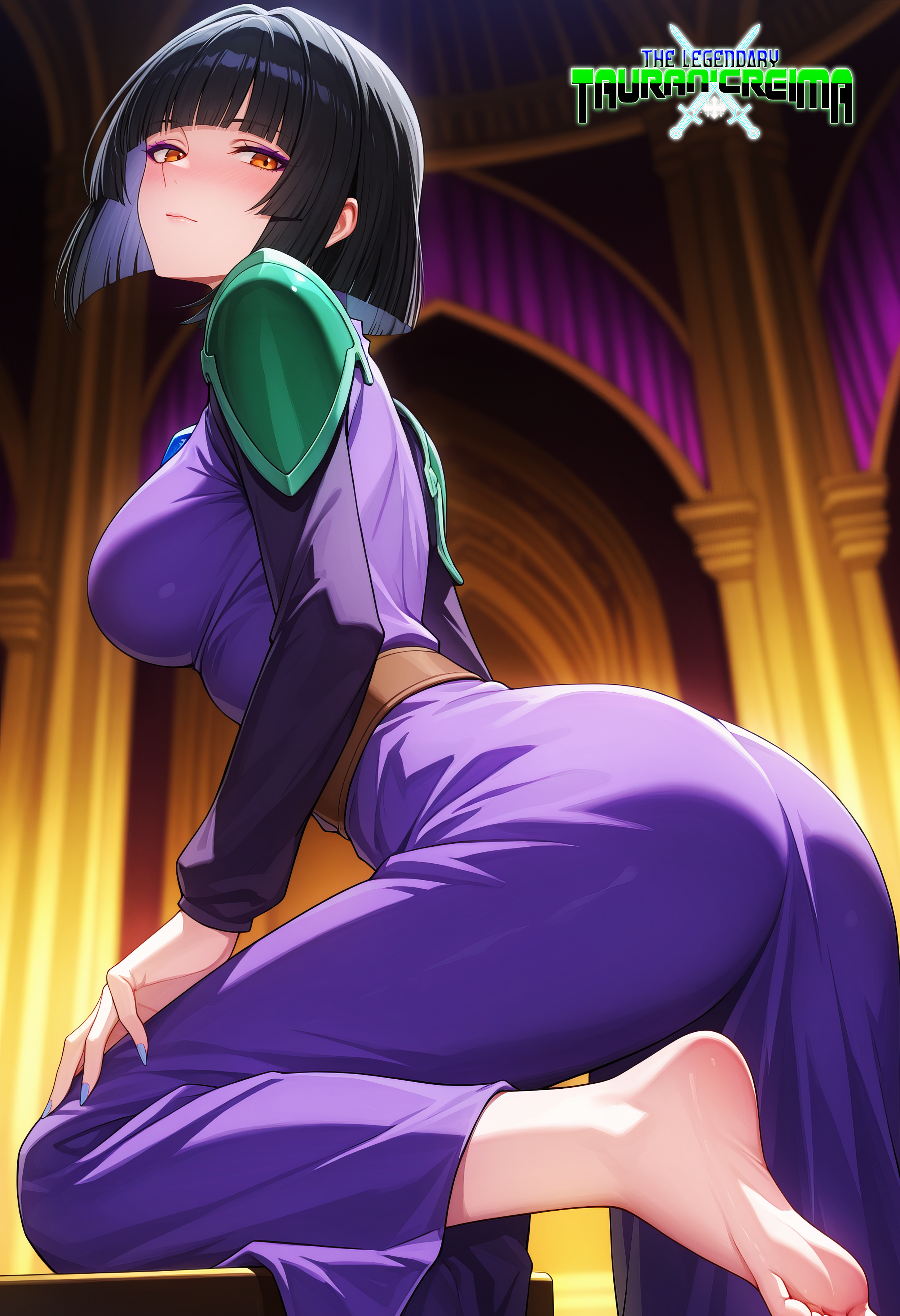 ai_generated ass bending_over black_hair blush dress fair-skinned_female feet female highres light-skinned_female logo looking_at_viewer looking_back looking_back_at_viewer mature_female mature_woman mayethikayian_(species)_(the_legendary_tauran'creima) nervous nervous_face nervous_female orange_eyes original original_character painted_nails palace pale-skinned_female sacredcourage seductive self_upload serenity_addlebeen_(the_legendary_tauran'creima) sexy sexy_pose shadowrealmarts short_hair solo_female the_legendary_tauran'creima toes voluptuous_female