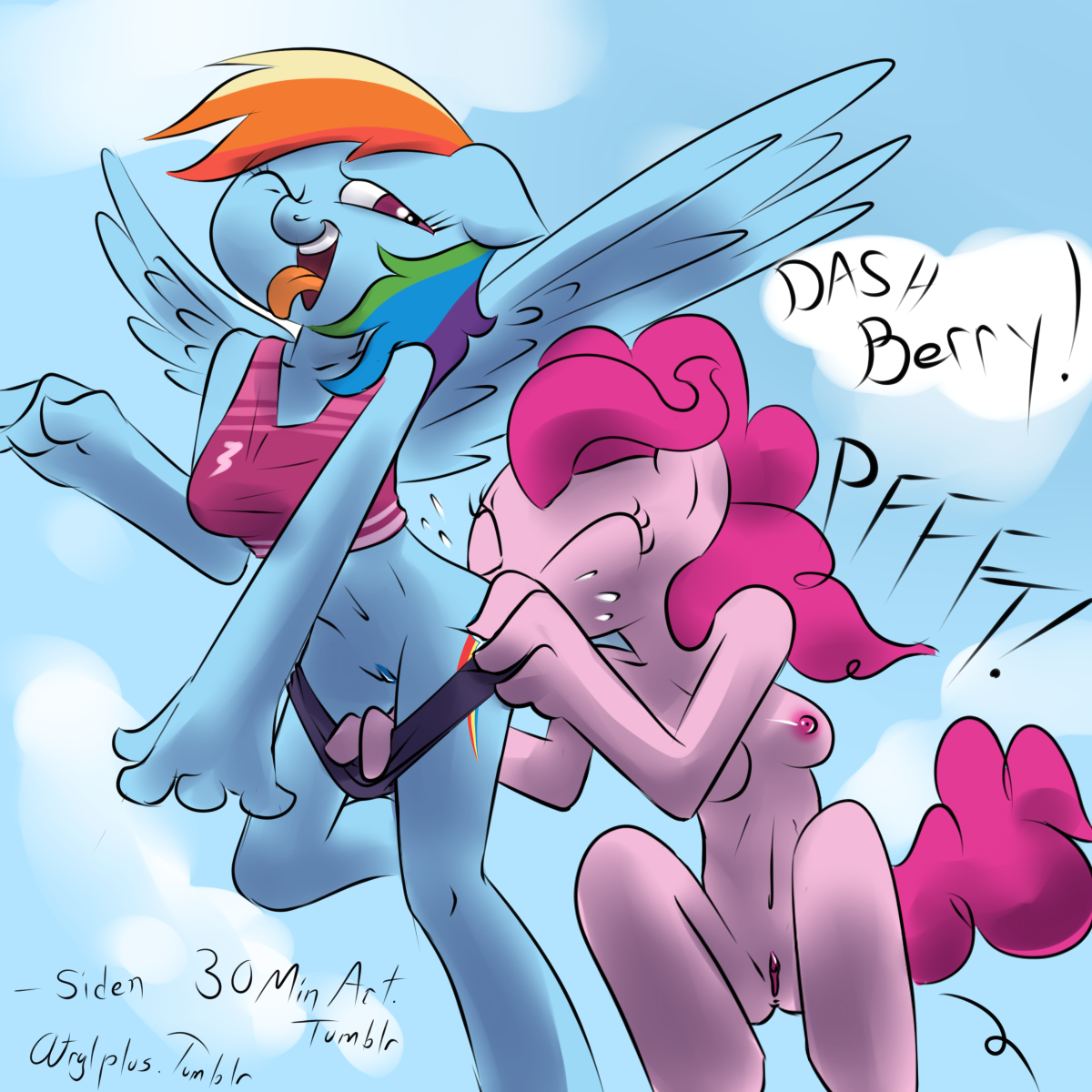 siden, pinkie pie (mlp), rainbow dash (mlp), friendship is magic, my little pony, 2012, anal, anthro, breasts, equine, female, hair, horse, multicolored hair, nipples, nude, oral, pegasus, pony, purple eyes, pussy, rainbow hair, rimming, wings, yuri, 
