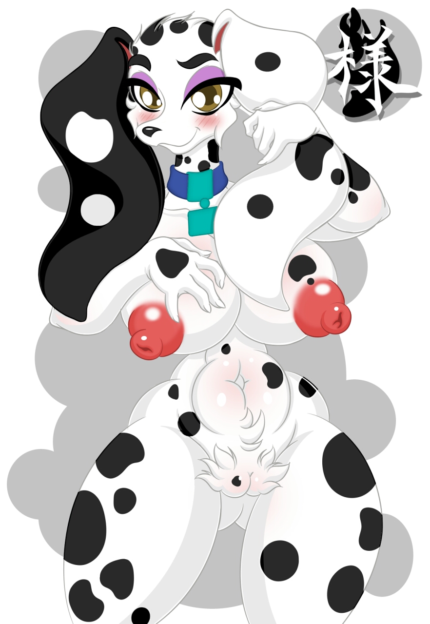srklmsama, delilah (101 dalmatians), 101 dalmatian street, 101 dalmatians, disney, hi res, anthro, black body, black fur, breasts, canid, canine, canis, collar, domestic dog, female, fur, mammal, multicolored body, multicolored fur, nipples, nude, pussy, solo, two tone body, two tone fur, white body, white fur, 