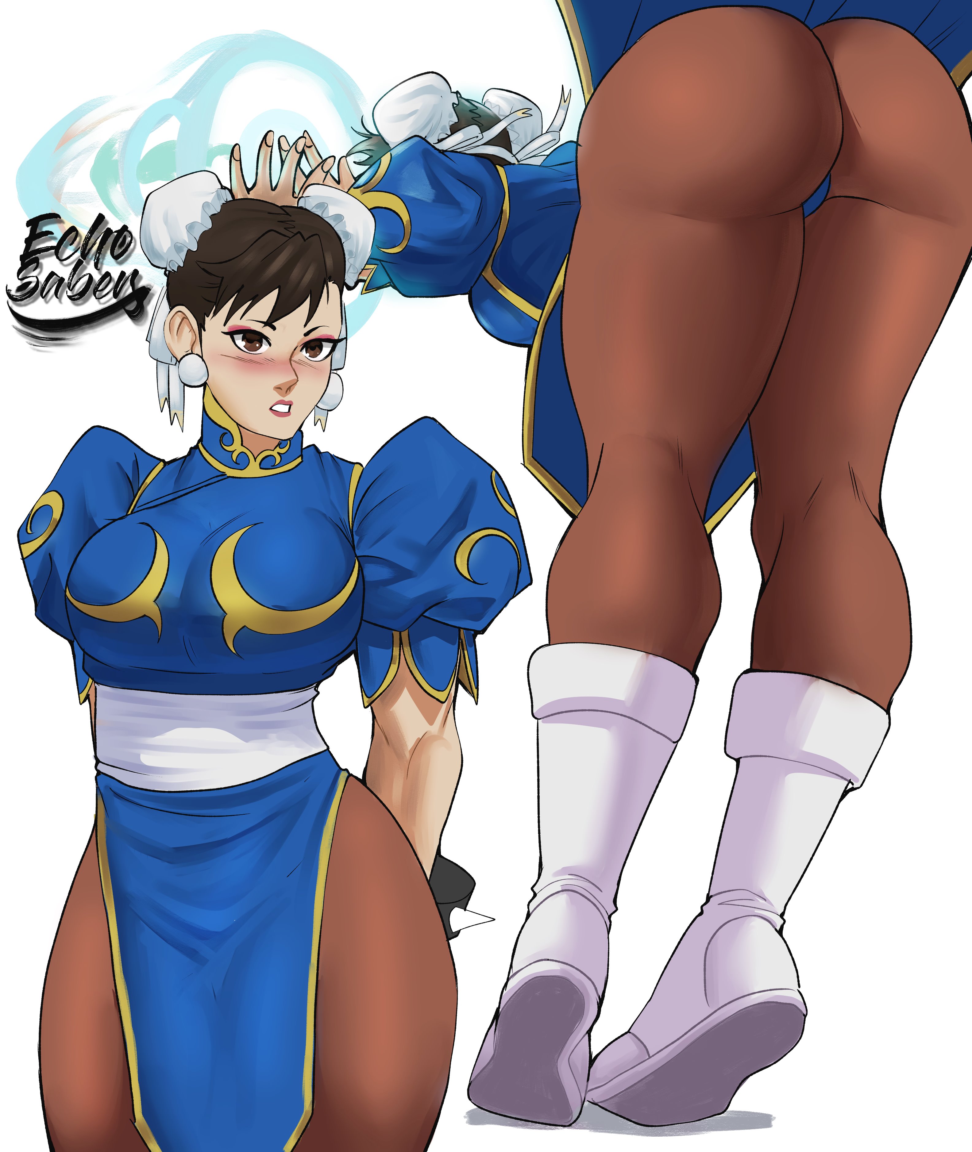 echosaber, chun-li, capcom, street fighter, 1girls, ass, big ass, black hair, blush, breasts, brown eyes, curvy figure, earrings, female, lipstick, solo, standing, thick thighs, thighs, 