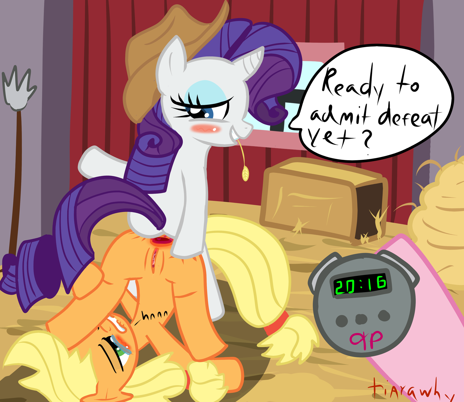 tiarawhy, applejack (mlp), pinkie pie (mlp), rarity (mlp), friendship is magic, my little pony, anal, blush, dildo, equine, female, hair, horn, horse, pony, pussy, sex toy, yuri, 
