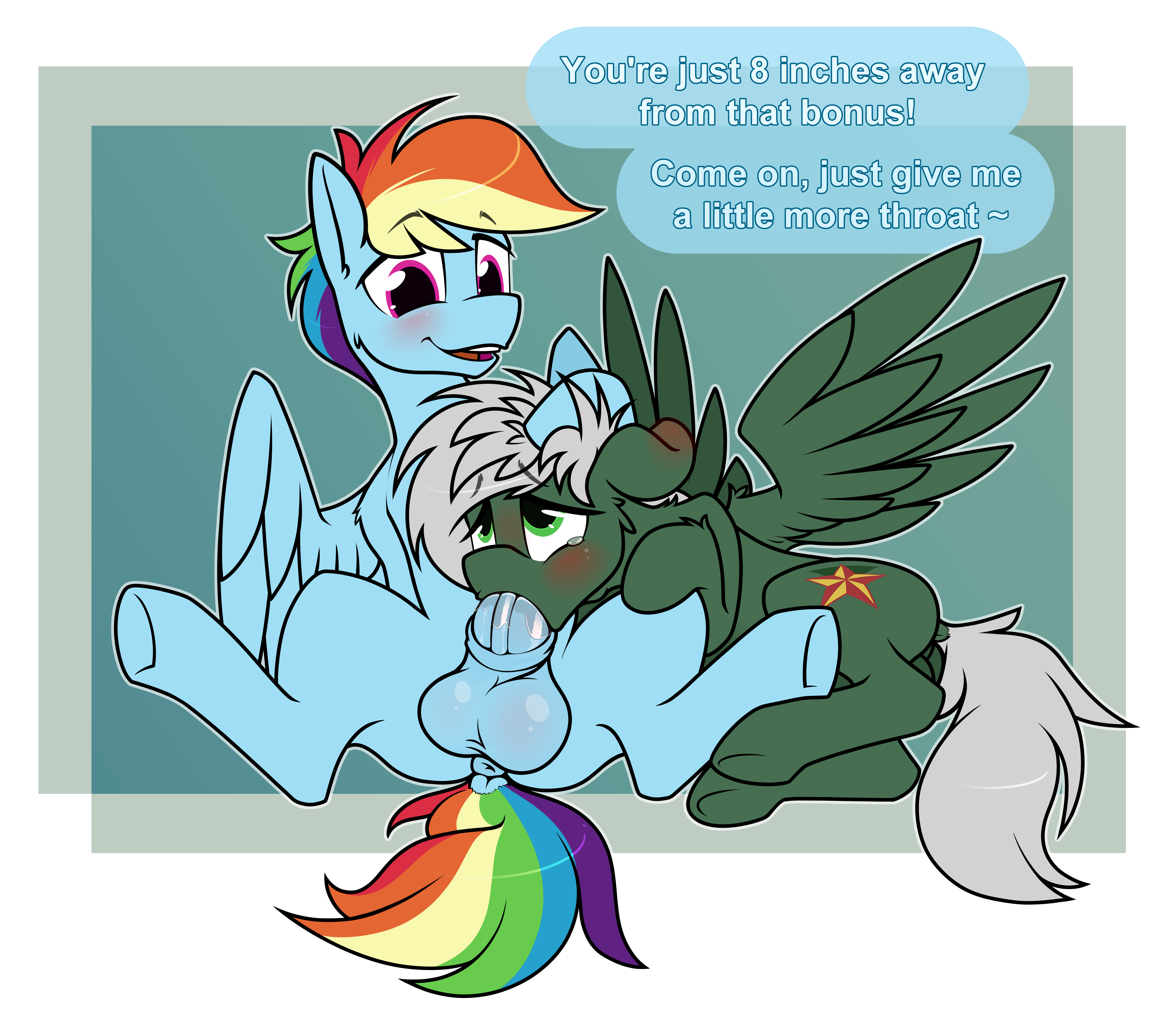 rainbow dash (mlp), summer breeze, summer breeze (oc), friendship is magic, hasbro, my little pony, absurd res, hi res, text, animal genitalia, animal penis, anus, ass, balls, bodily fluids, dacaoo, drooling, duo, equid, equine, equine anus, equine genitalia, equine penis, eyes rolling back, fan character, fellatio, feral, futa rainbow dash, genitals, horse, intersex, intersex/male, male, male/male, mammal, nude, oral, pegasus, penile, penis, pony, saliva, sex, wings, 