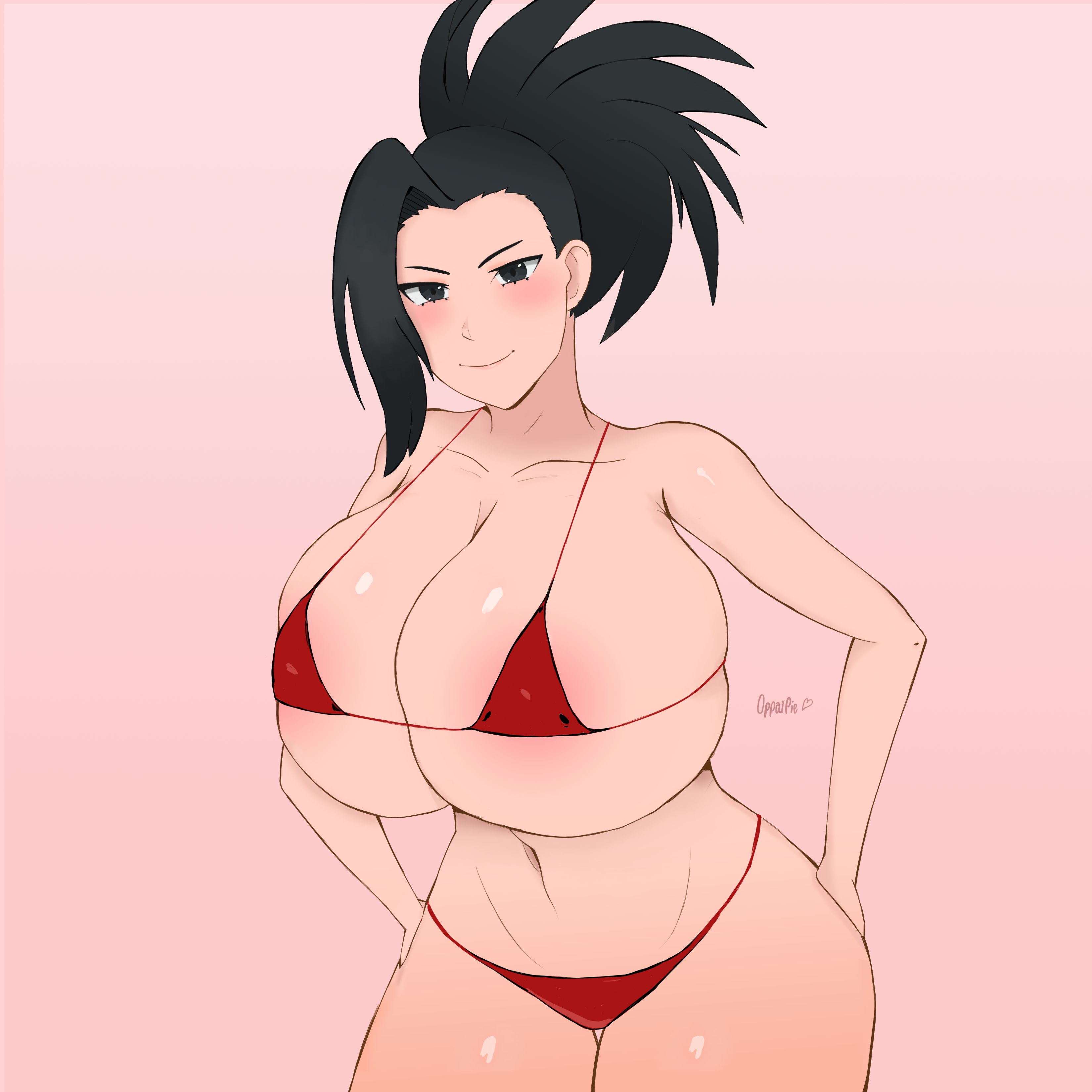 momo yaoyorozu, my hero academia, pink background, simple background, 1girls, bangs, bikini, black eyes, black hair, blush, bra, female, hands on hips, huge breasts, long eyelashes, looking at viewer, navel, oppaipie, panties, ponytail, red bikini, shiny skin, smile, sole female, solo, spiky hair, standing, tied hair, 