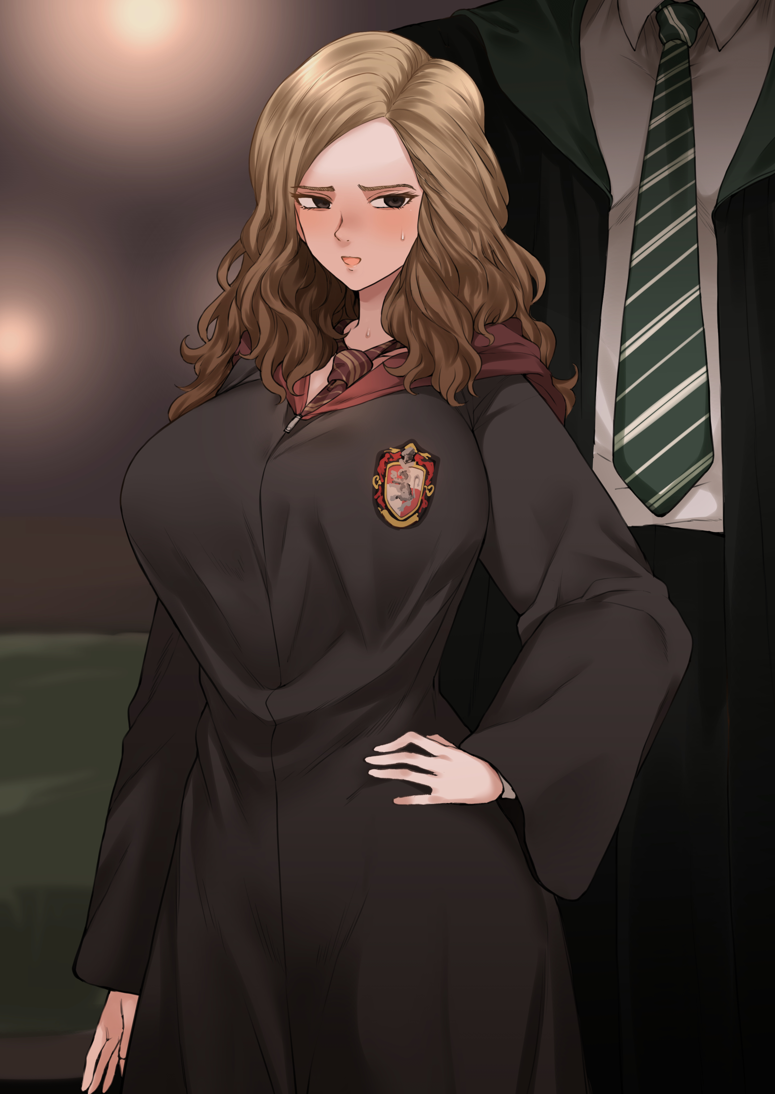 terasu mc, hermione granger, harry potter, absurd res, hi res, high resolution, very high resolution, 1boy, 1girls, breasts, brown hair, cape, clothing, curvy hair, female, female focus, imminent sex, large breasts, light brown hair, male, slytherin, 