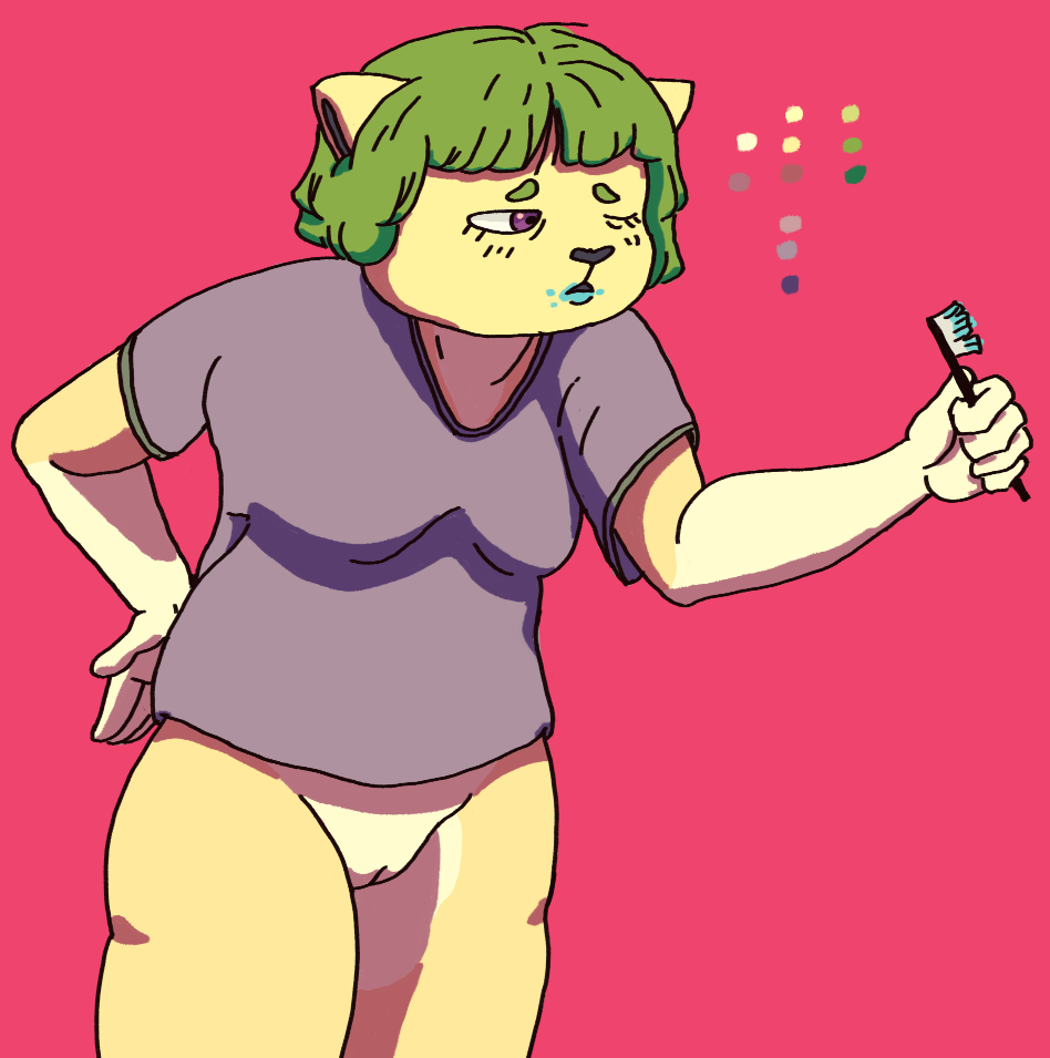 anthro, bottomless female, brush, brushing, brushing teeth, domestic cat, felid, feline, felis, female, katsoda, mammal, slightly chubby, solo, tired, tori katsoda, 