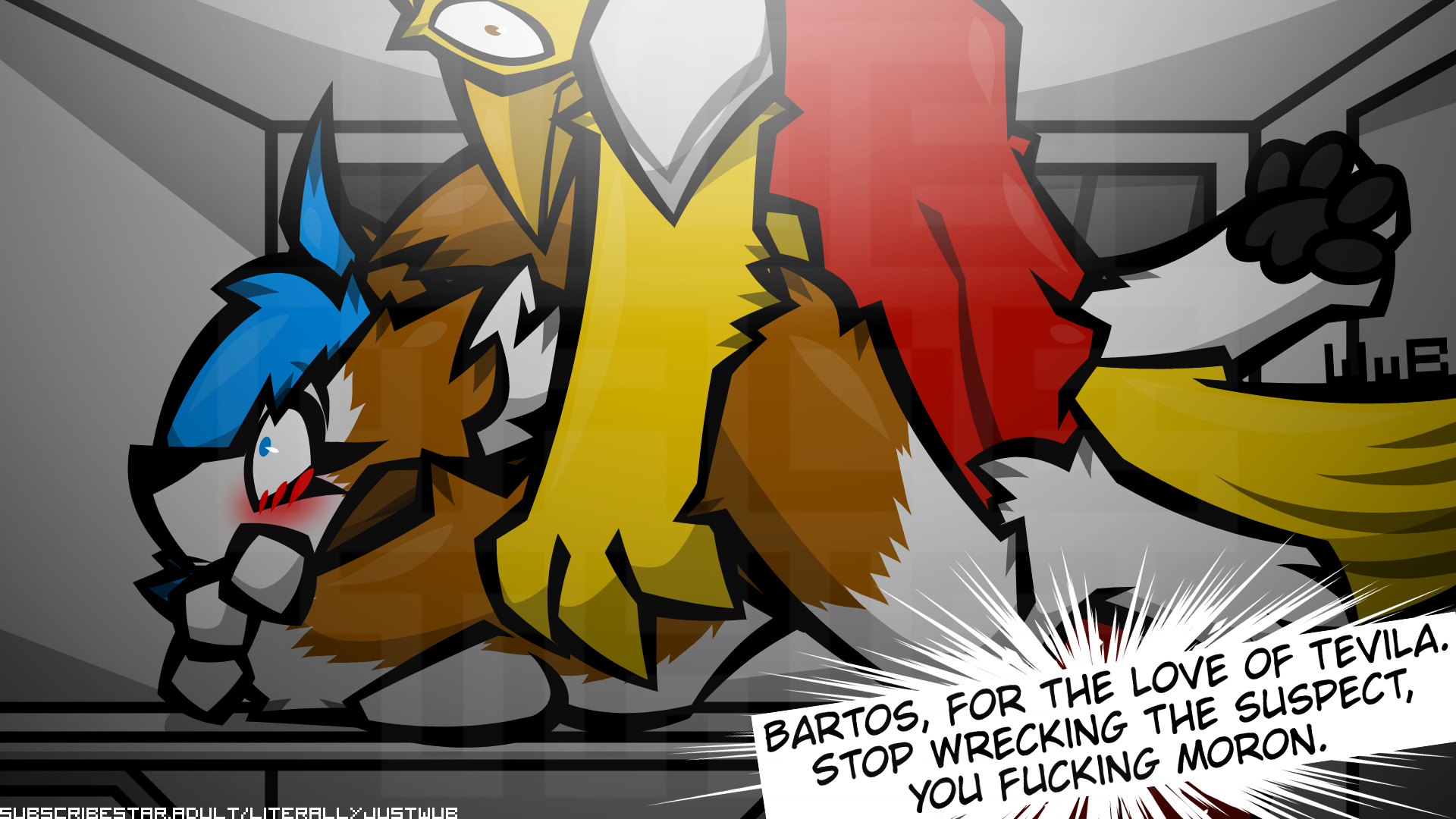 ambiguous_penetration anthro avian bird blue_eyes blue_hair blush breast_squish breasts brown_body brown_eyes brown_fur canid canine canis cape clothing dialogue domestic_dog duo feathers female fur furniture hair hi_res husky inner_ear_fluff inside male male/female mammal multicolored_body multicolored_fur nel'i_(wub) nordic_sled_dog original_character pawpads paws penetration profanity red_cape red_clothing shoulder_guards signature speech_bubble spitz squish surprised_expression table text tuft two-tone_body two-tone_fur url watermark white_body white_fur wub_(artist) yellow_body yellow_feathers