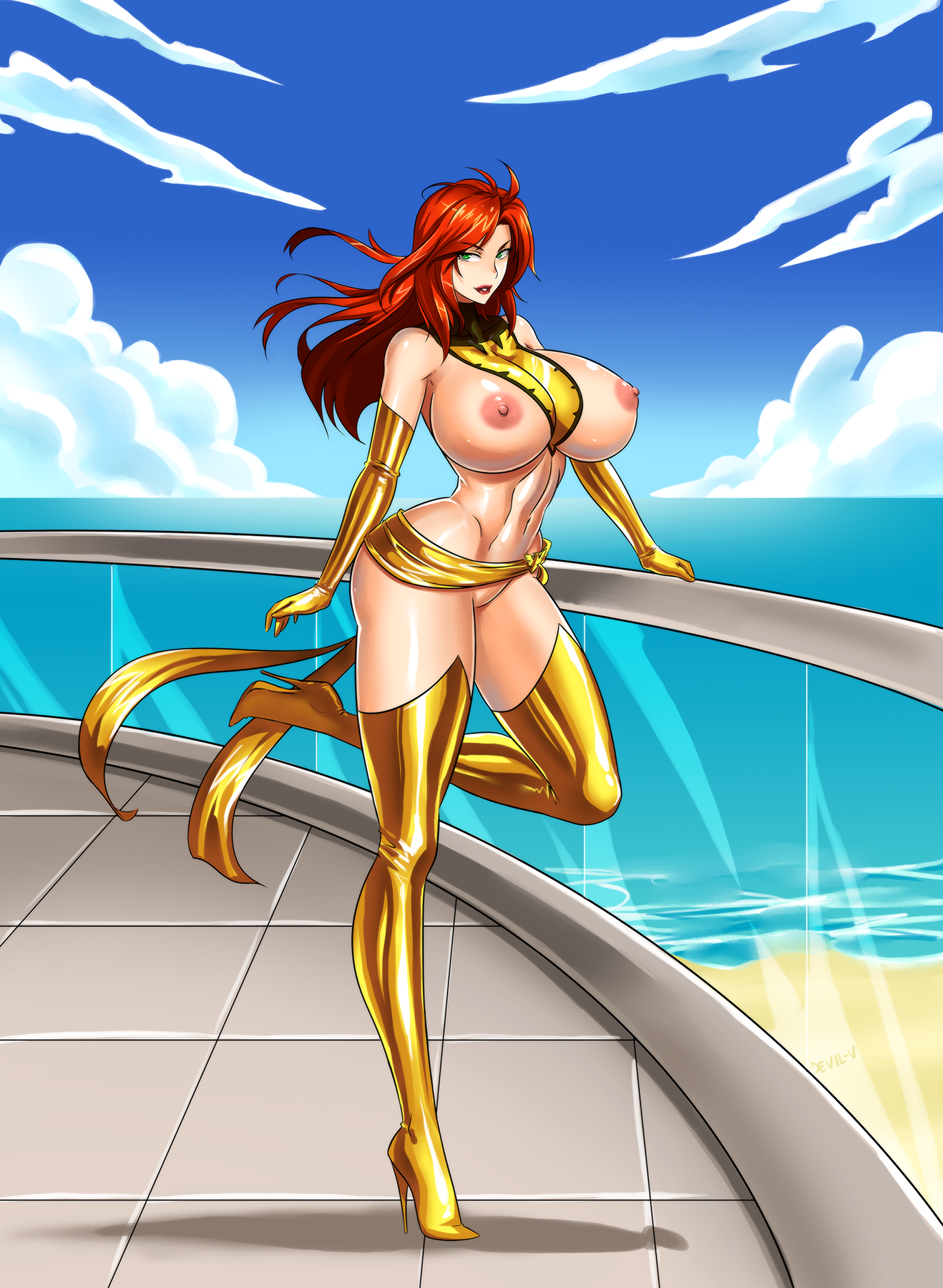 devil-v, jean grey, phoenix (x-men), marvel, x-men, highres, beach, boots, ...