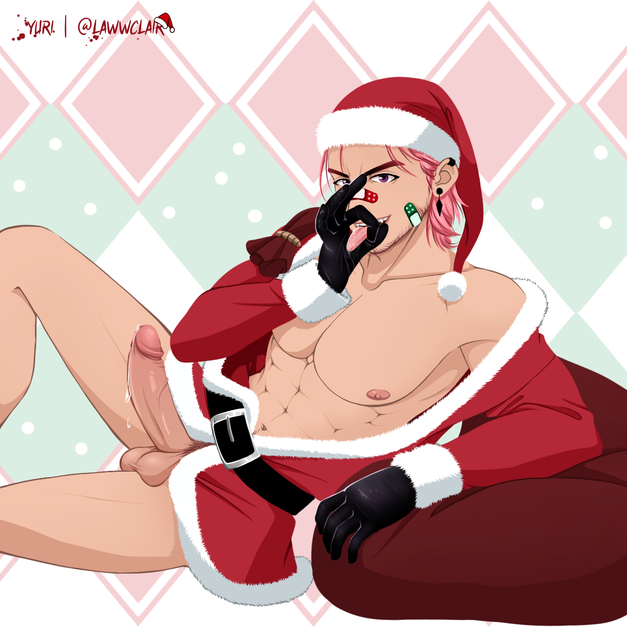 christmas, drooling cum, hand sign, lawwclair, pink hair, santa costume, sa...