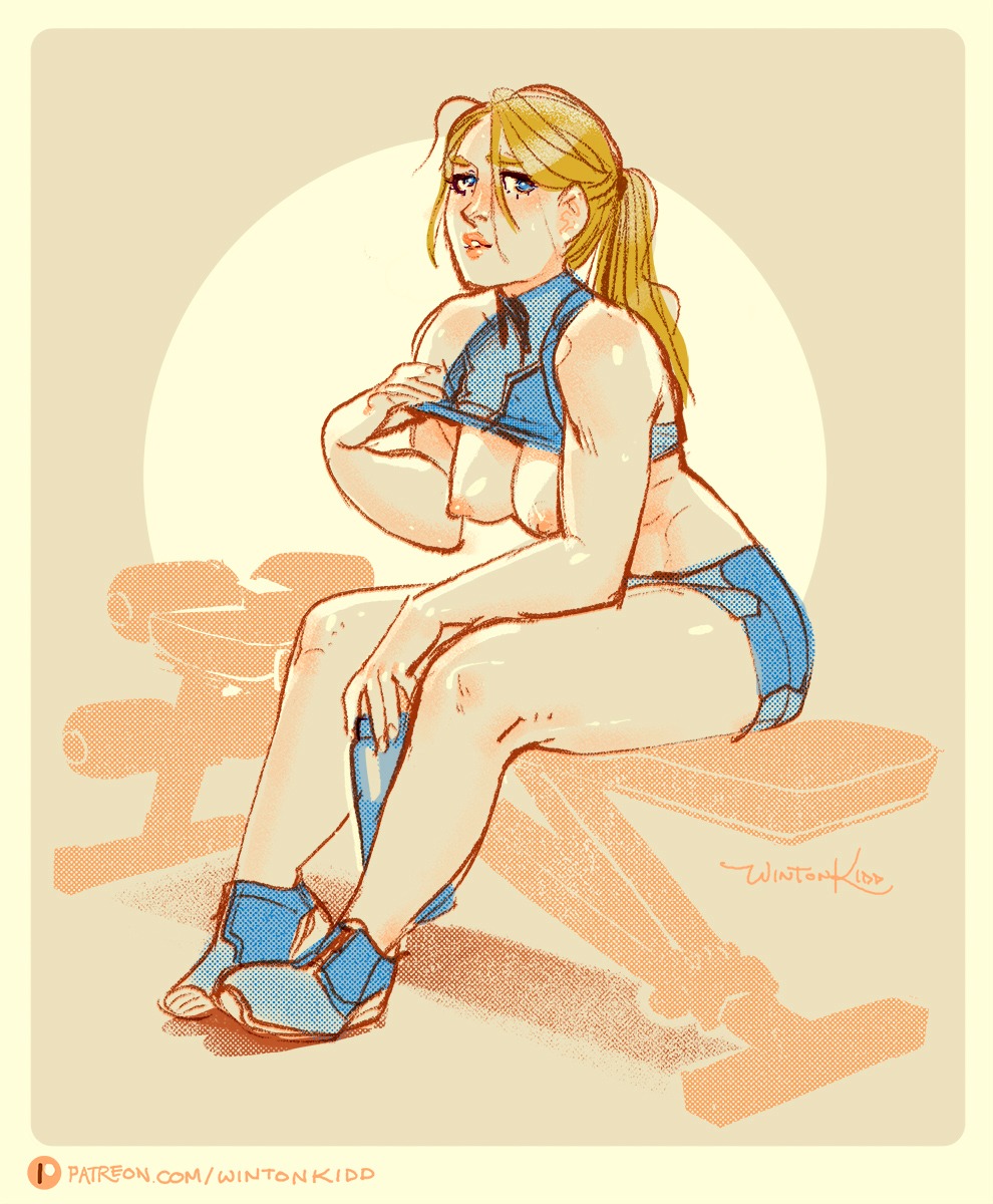 wintonkidd, samus aran, metroid, 1girls, blush, breasts, breasts out, flashing breasts, hotpants, looking at viewer, solo female, thighs, 