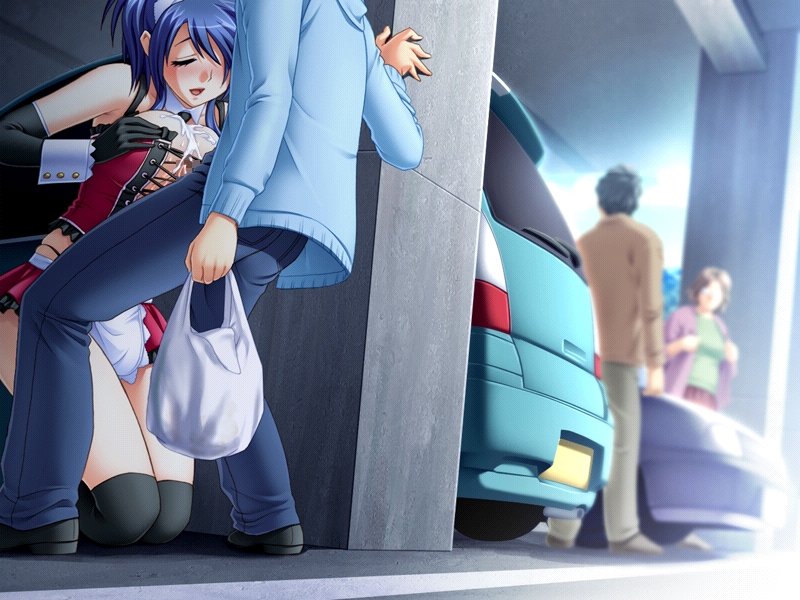 artist request, censored, apron, bag, black gloves, black legwear, blue hair, blush, breasts, car, corset, cum, cum on body, cum on breasts, cum on upper body, eyes closed, female, garage, gloves, human, kneeling, male, miniskirt, paizuri, paizuri under clothes, penis, public, skirt, stealth sex, straight, thighhighs, 
