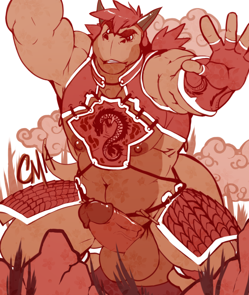 cursedmarked, abs, anthro, balls, clothed, clothing, dragon, erection, hair, horn, humanoid penis, male, male only, muscular, muscular male, pecs, penis, solo, standing, vein, 