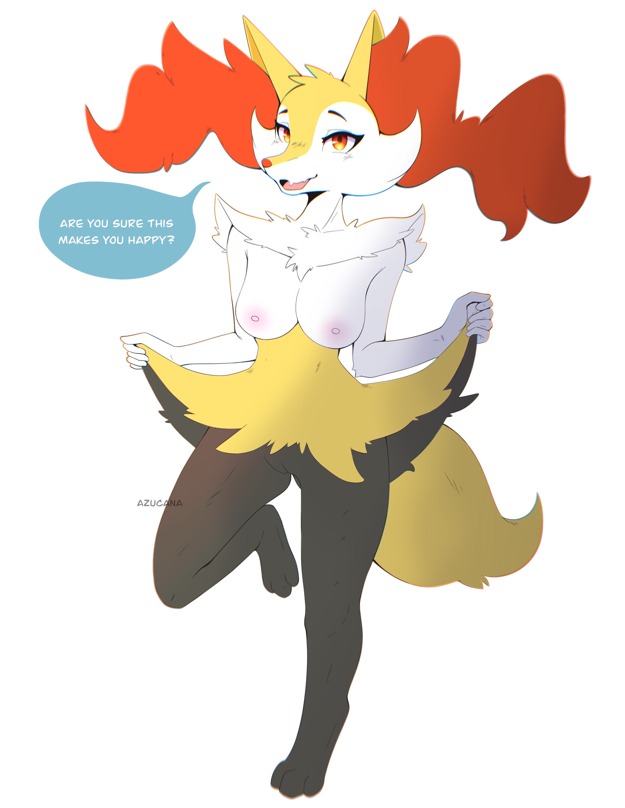 braixen, pokemon (species), nintendo, absurd res, hi res, speech bubble, text, anthro, azucana, breasts, female, generation 6 pokemon, genitals, looking at viewer, nipples, paws, pokemon, presenting, pussy, smile, solo, video games, 