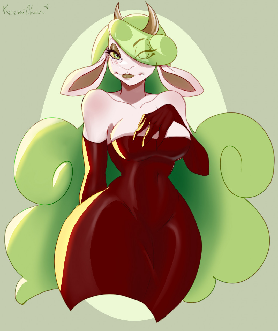 2d, digital media (artwork), tagme, 2022, artist name, blush, breasts, dress, eyebrows, eyebrows visible through hair, eyelashes, eyes, eyes visible through hair, female, female only, furry, furry female, furry only, goat, green hair, hair, hand over breast, horns, koemichan, long hair, looking at viewer, mammal, navel visible through clothes, red dress, solo, solo female, standing, thick thighs, voluptuous, voluptuous female, voxchy, white body, 