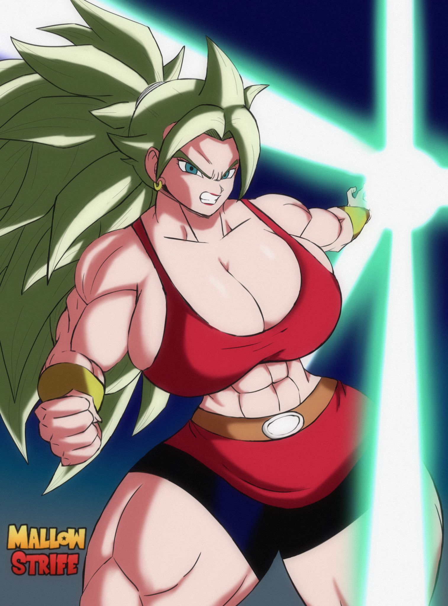 kale, dragon ball, dragon ball super, 1girls, big breasts, breasts, huge breasts, mallow strife, muscular female, super saiyan 3, thick thighs, 