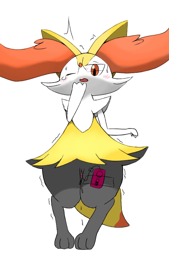 artist request, braixen, pokemon (creature), nintendo, pokemon xy, jpeg artifacts, simple background, white background, 1girls, animal ears, blush, canine, female, fox, fox ears, fox tail, full body, furry, hand to own mouth, hands up, looking down, no humans, one eye closed, open mouth, paws, pigeon-toed, pokemon, pussy, pussy juice, remote control, remote control vibrator, solo, standing, sweat, tail, tape, tears, trembling, uncensored, vaginal object insertion, vaginal penetration, vibrator, vibrator cord, vibrator taped to leg, wet, 