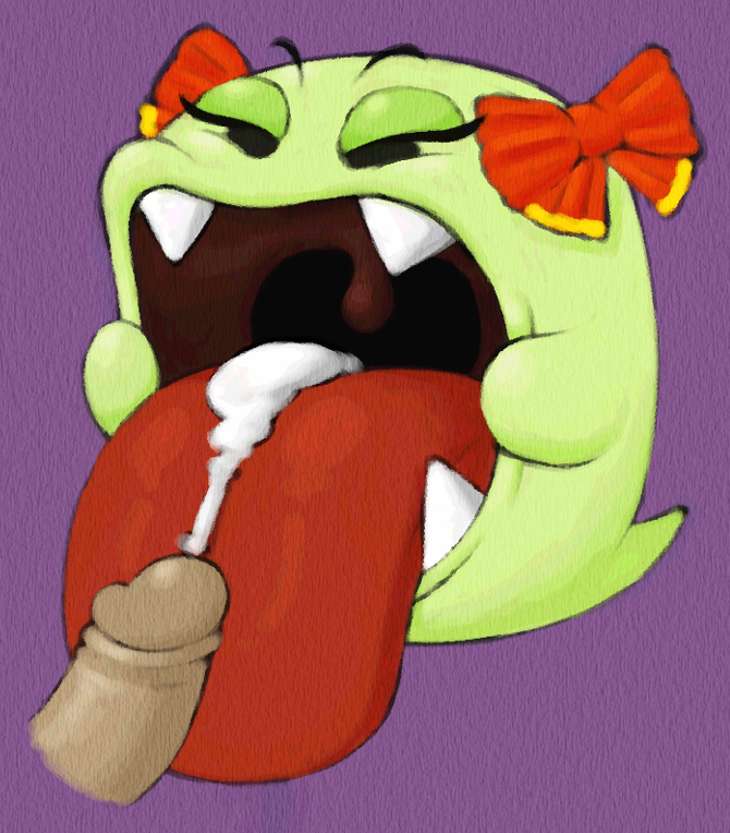 boo (mario), lady bow, nintendo, paper mario, super mario bros., 2018, highres, bow, cum, cum on tongue, eyeshadow, fangs, female, ghost, humanoid penis, makeup, male, open mouth, orgasm, penis, solo focus, spirit, straight, tongue, tongue out, video games, 