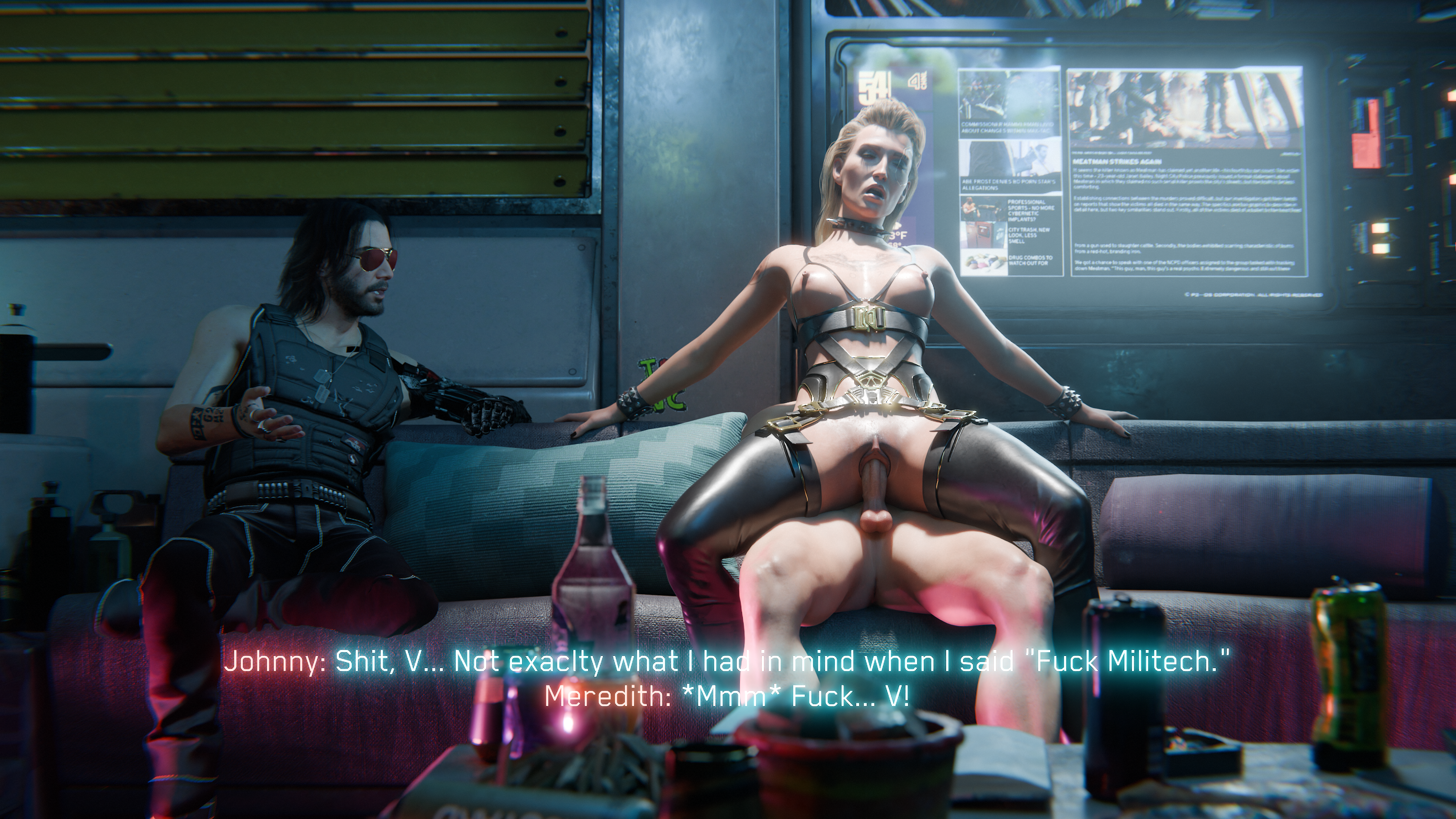 1girls 2boys 3d blender cyberpunk_2077 female female_on_top johnny_silverhand male meredith_stout pussy reverse_cowgirl_position reverse_upright_straddle riding subtitled subtitles tagme text v_(cyberpunk_2077) vaginal_penetration vaginal_sex video_game_character video_games vincent_(cyberpunk_2077) vulint