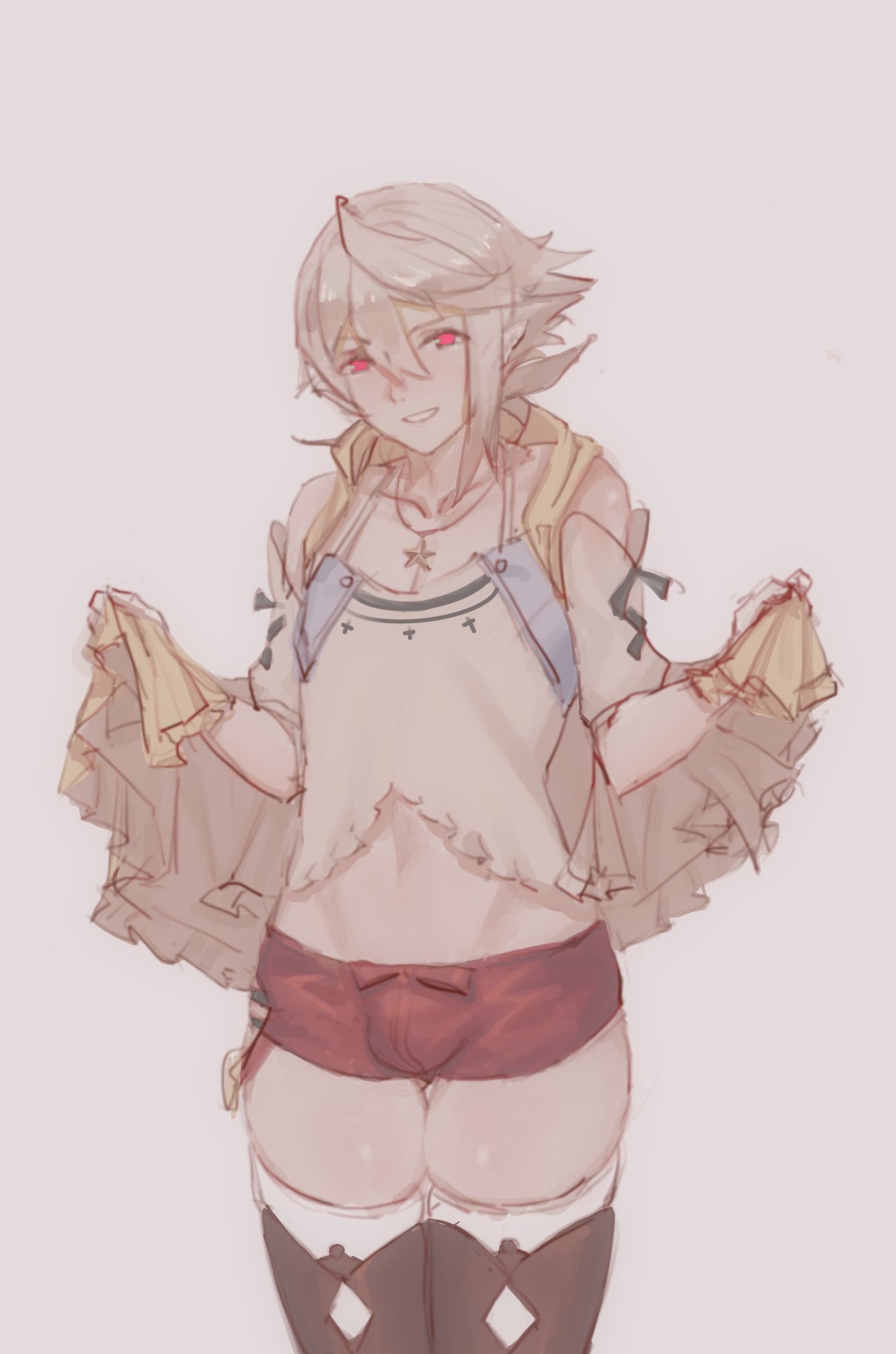 samsara, corrin (fire emblem), corrin (fire emblem) (male), fire emblem, fire emblem fates, nintendo, 1boy, bulge, cosplay, crossdressing, femboy, girly, pointy ears, reisalin stout (cosplay), smile, solo, thick thighs, trap, 