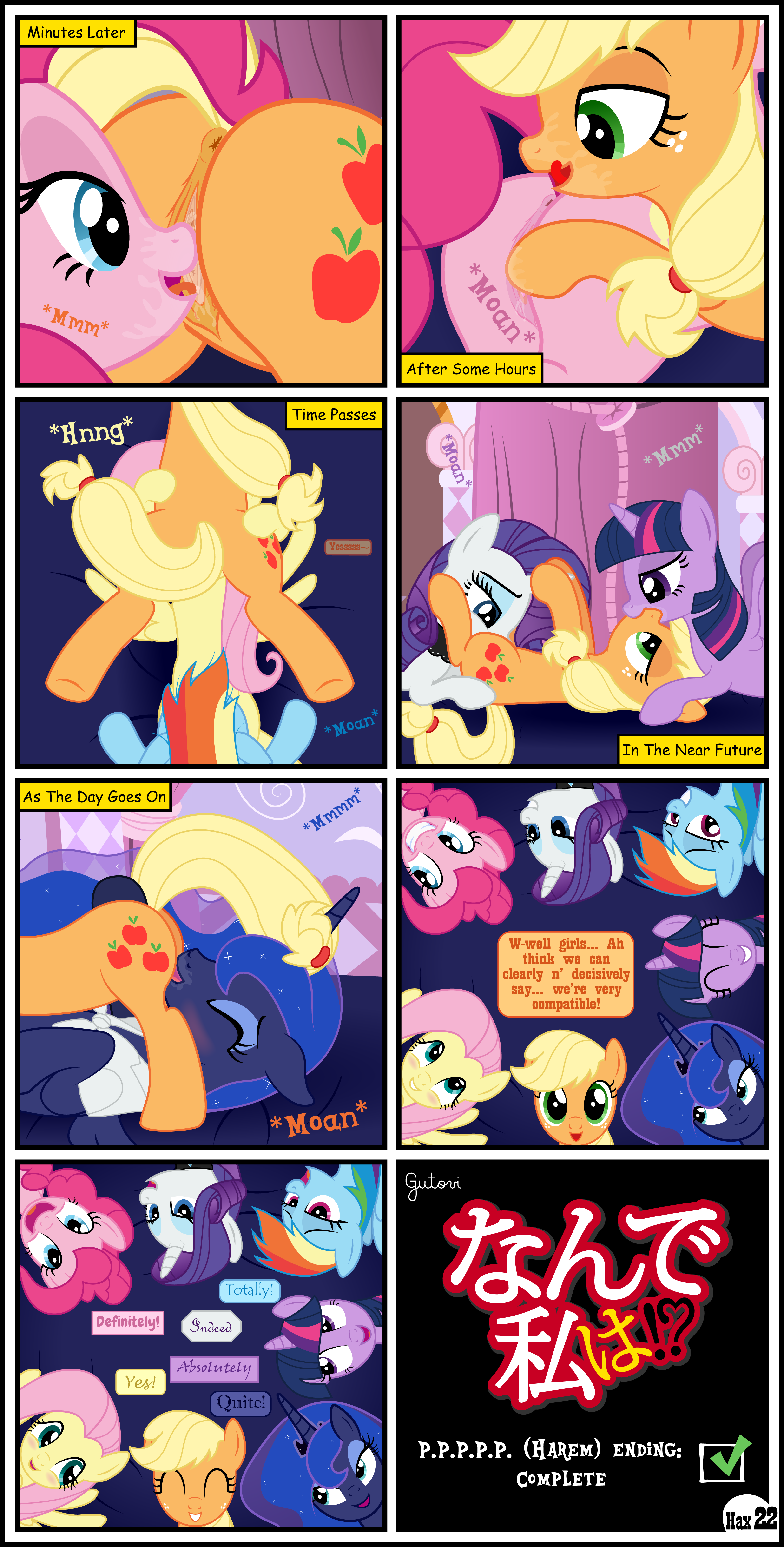 gutovi-kun, applejack (mlp), fluttershy (mlp), pinkie pie (mlp), princess luna (mlp), rainbow dash (mlp), rarity (mlp), twilight sparkle (mlp), friendship is magic, my little pony, absurd res, comic, english text, hi res, text, 69 position, after sex, blonde hair, clothing, dialogue, equid, female, female/female, feral, genitals, hair, mammal, oral, orange body, orgy, pussy, sex, yuri, 