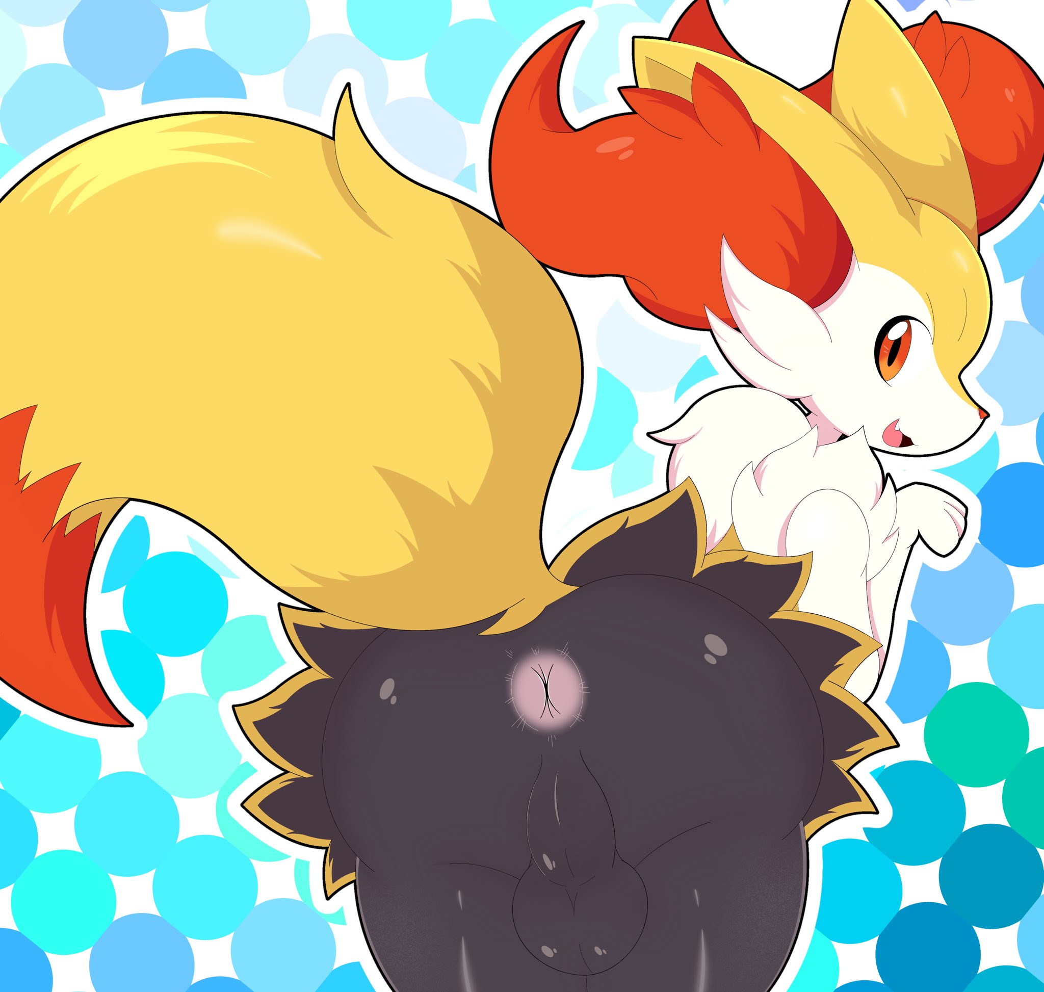 braixen, nintendo, 2020, blue background, hi res, simple background, anthro, anus, ass, backsack, balls, black body, black fur, cute fangs, dipstick tail, fluffy, fur, genitals, girly, inner ear fluff, leaning, leaning forward, lemonlime, looking at viewer, looking back, male, multi tone fur, multicolored tail, nude, open mouth, pattern background, perineum, pokemon, portrait, presenting, presenting anus, presenting hindquarters, rear view, red eyes, solo, thick thighs, three-quarter portrait, tuft, video games, white body, white fur, yellow body, yellow fur, 