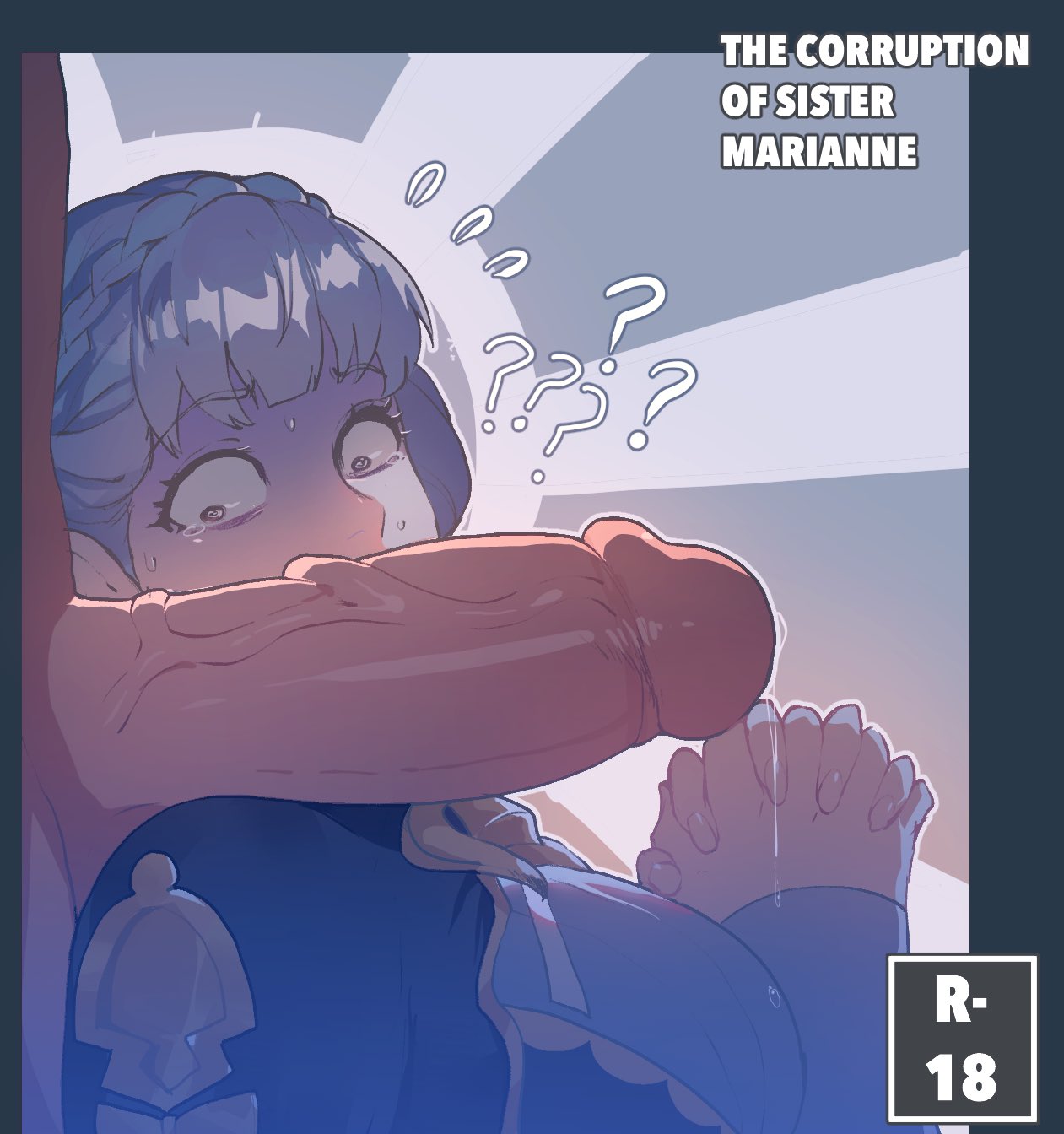 thiccwithaq, marianne von edmund, fire emblem, fire emblem: three houses, bad id, bad twitter id, commentary, cover page, doujin cover, english commentary, english text, highres, 1boy, ?, ??, bangs, blue hair, braid, breasts, capelet, content rating, cover, erection, female, huge cock, jacket, jacket on shoulders, large breasts, looking at penis, looking to the side, own hands clasped, own hands together, penis, penis awe, penis on shoulder, precum, silver hair, solo focus, straight, sweat, tearing up, turn pale, uncensored, uniform, upper body, veins, veiny penis, wide-eyed, 