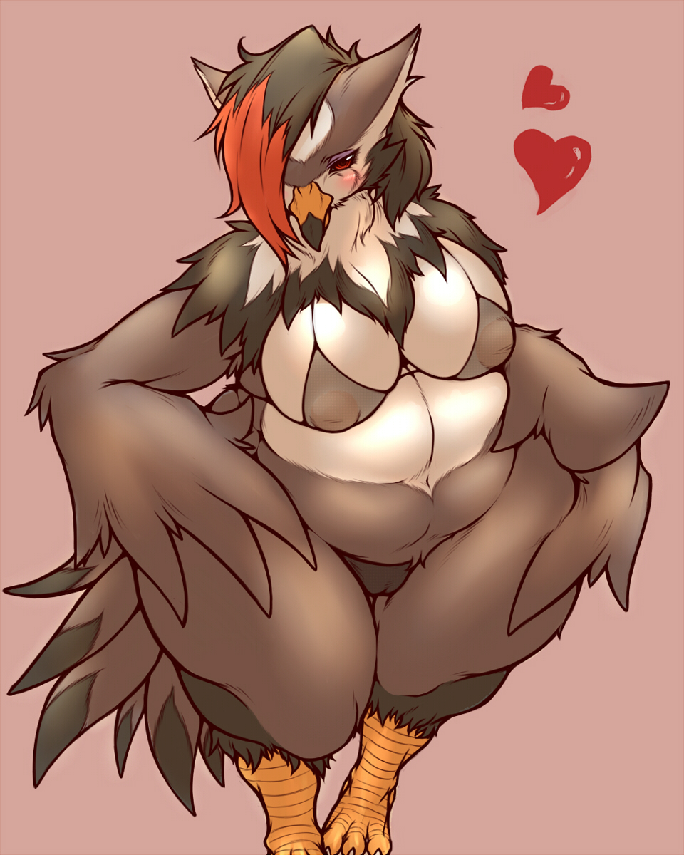 staraptor, color, tagme, anthro, blush, breasts, cameltoe, chubby, feathery, female, female only, front view, pokemon, solo, standing, 