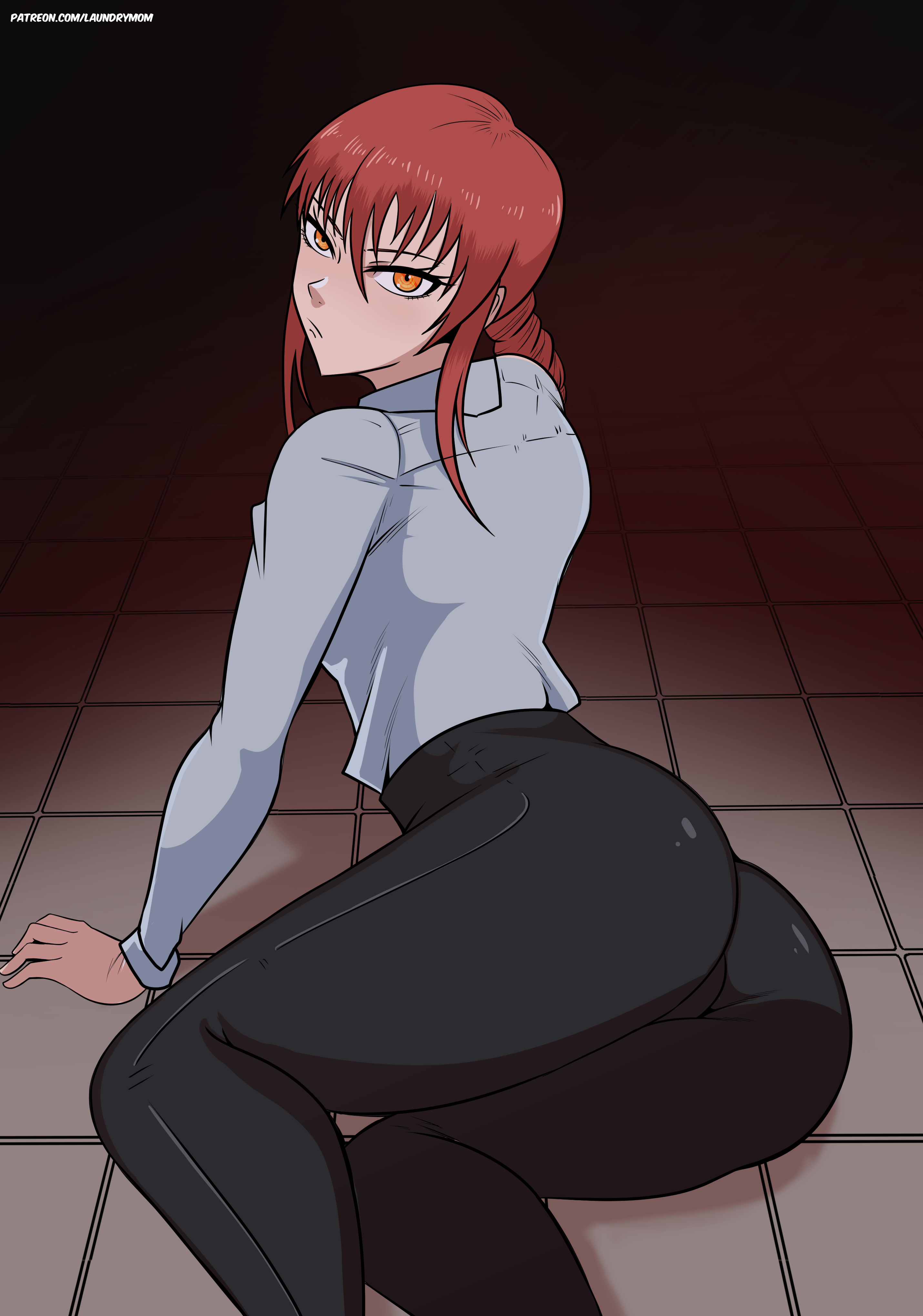 laundrymom, makima (chainsaw man), chainsaw man, 1girls, ass, big ass, big butt, braided hair, breasts, eye contact, female, fully clothed, long hair, looking at viewer, red hair, solo, thick thighs, thighs, tight clothing, 