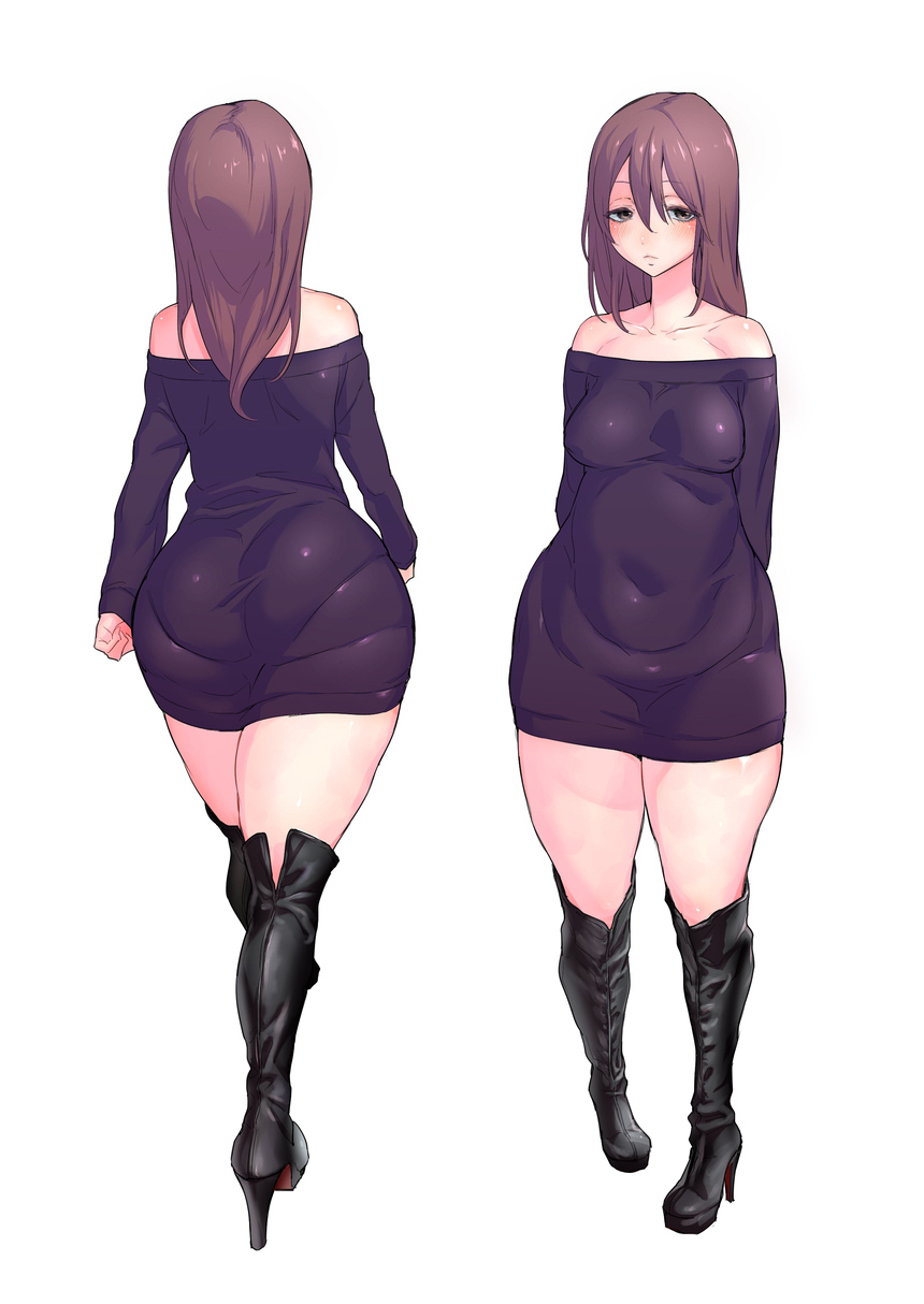 original, highres, simple background, white background, ass, bare shoulders, boots, breasts, brown hair, female, high heels, huge ass, ikuchan kaoru, long hair, looking at viewer, medium breasts, pout, succubus (iku), thick thighs, thighs, 