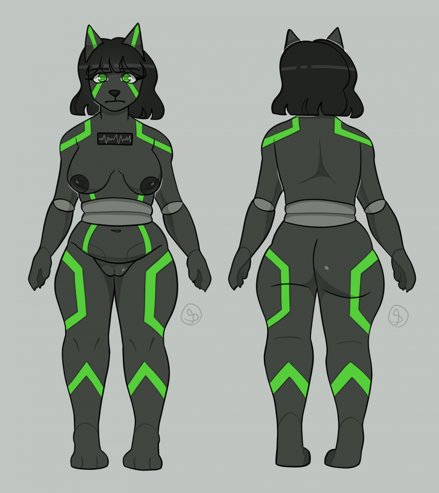 stellaris, hi res, anthro, black body, black hair, blokkat, felid, feline, female, gigastructural engineering, green eyes, green markings, hair, machine, mammal, markings, metallic body, nude, robot, solo, sophbladeart, wide hips, 