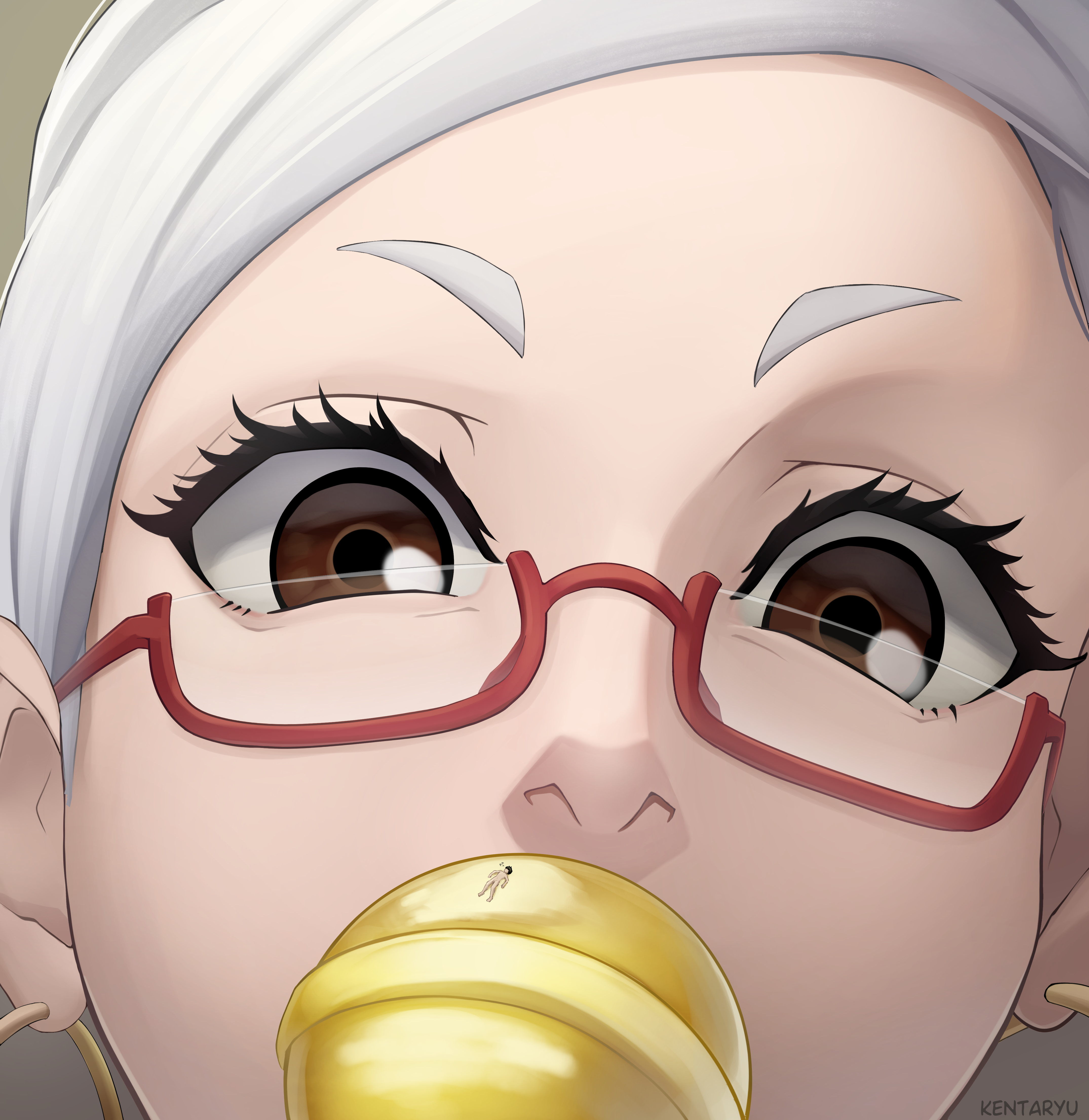 1boy 1girls 2d age_difference ayase_seiko color dandadan giantess gilf glasses kentaryu larger_female lollipop looking_at_tiny nude_male older_female size_difference smaller_male takakura_ken_(okarun) tiny_guy white_hair younger_male
