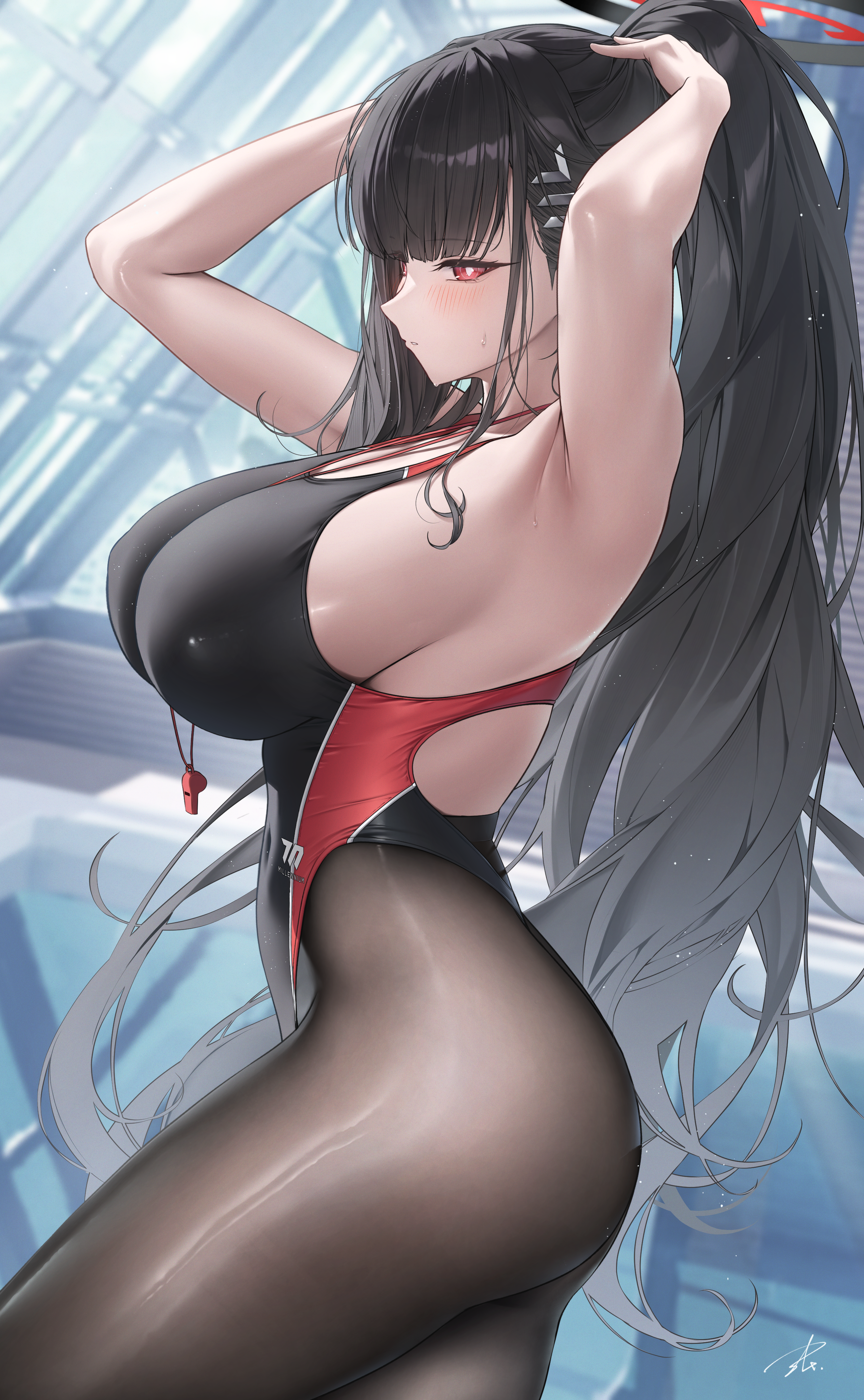 1girls absurdres adjusting_hair alternate_costume alternate_hairstyle armpit arms_up artist_signature bangs bare_arms big_breasts black_and_red_halo black_hair black_one-piece_swimsuit black_pantyhose blue_archive blunt_bangs blurry blurry_background blush blush_lines blushing_at_viewer breasts bright_pupils closed_mouth competition_swimsuit covered_navel covered_nipples eyebrows_visible_through_hair female from_side hair_ornament hairclip halo highleg highleg_one-piece_swimsuit highleg_swimsuit highres huge_breasts large_breasts light-skinned_female light_skin long_hair looking_at_viewer mechanical_halo millennium_science_school_logo_(blue_archive) millennium_science_school_student multicolored_clothes multicolored_one-piece_swimsuit multicolored_swimsuit one-piece_swimsuit pantyhose pantyhose_under_swimsuit ponytail pool red_eyes red_one-piece_swimsuit red_whistle rei_no_pool rio_(blue_archive) seminar_(blue_archive) seminar_president sideboob signature solo student_council_president swimming_pool swimsuit thick_thighs thighs tights very_long_hair whistle whistle_around_neck whistle_between_breasts white_pupils yabacha