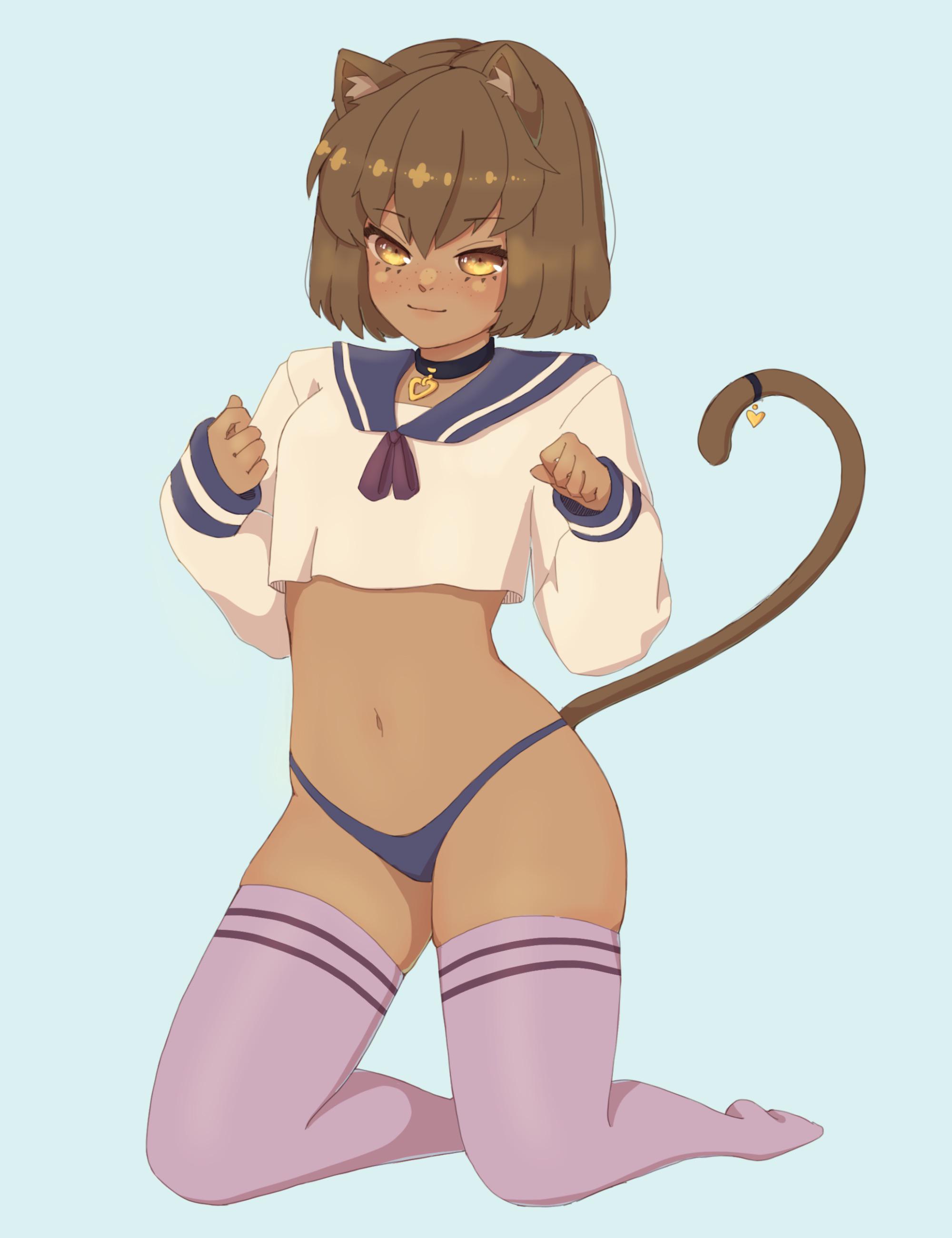 original, tagme, 1girls, 2022, animal ears, blue panties, blush, brown eyes, brown hair, cat ears, cat tail, catgirl, collar, crop top, doombunnie, kneeling, looking at viewer, navel, no pants, no shoes, panties, short hair, skindentation, tail, thighhighs, thighs, uniform, 