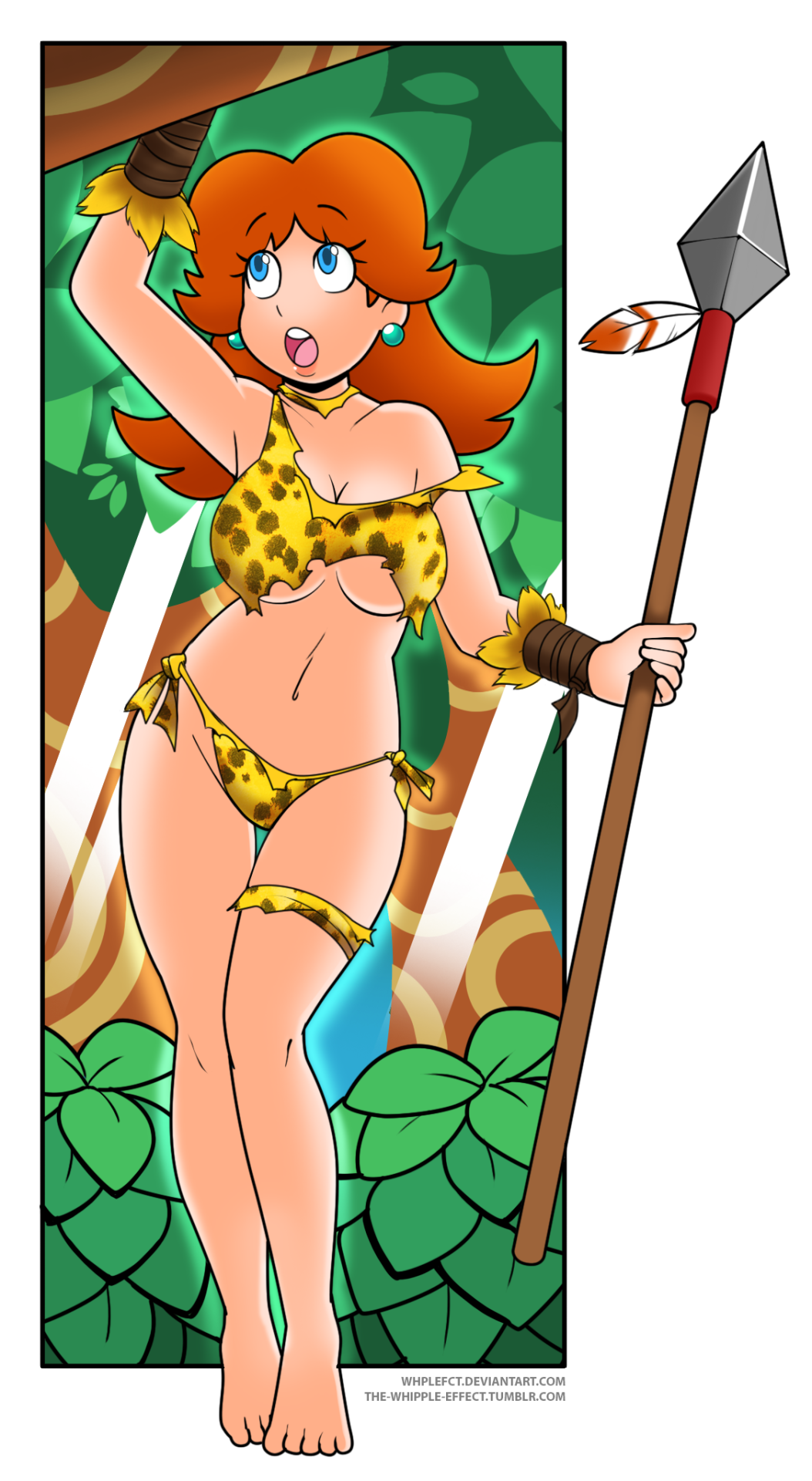 cavewoman, princess daisy, nintendo, super mario bros., female, jungle girl, leopard print, solo, the whipple effect, underboob, 