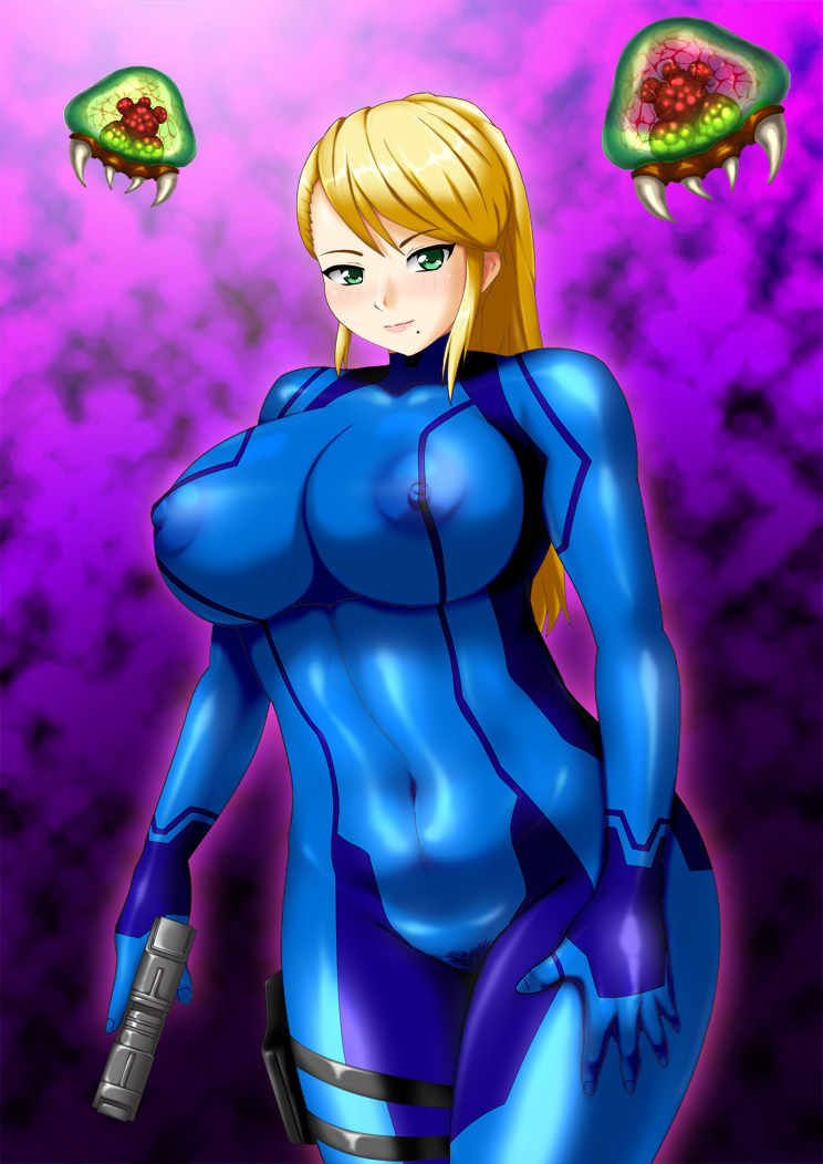 keiryu, metroid (creature), samus aran, metroid, nintendo, blonde hair, breasts, female, green eyes, huge breasts, human, zero suit, 