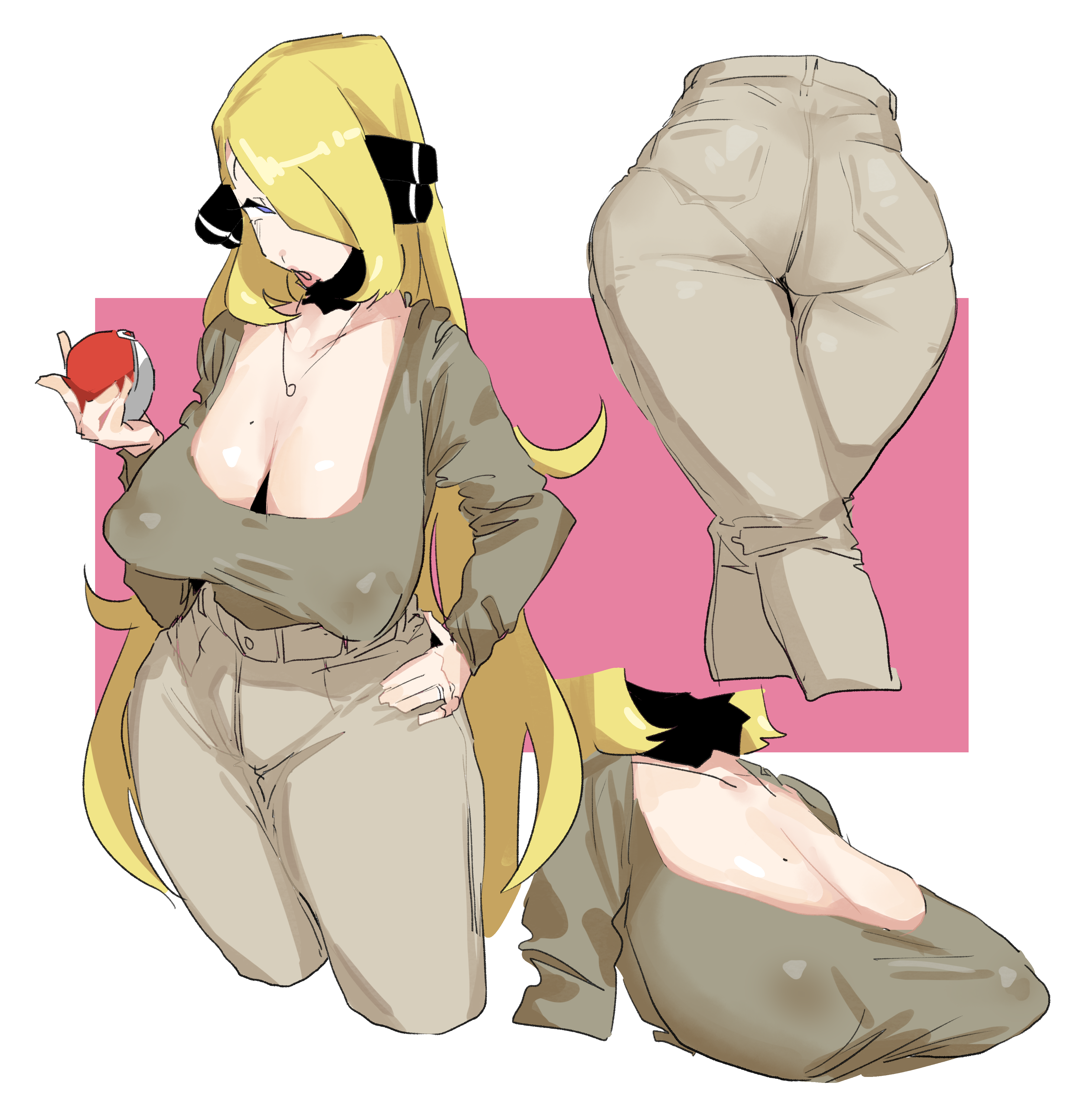 1girls ass ass_focus bangs bangs_over_one_eye blonde_female blonde_hair breast_focus breasts brown_topwear cleavage cynthia_(pokemon) female fully_clothed grey_pants hair_accessory hair_bobbles hair_ornament hair_over_one_eye large_breasts leebongchun lips lipstick long_hair long_sleeves mature mature_female mole mole_on_breast multiple_views necklace nipple_bulge nipples nipples_visible_through_clothing open_mouth panties_visible_through_clothing pink_lips pink_lipstick pokeball pokemon ring ring_(jewelry) sagging_breasts sleeves solo standard_pokeball straight_hair very_long_hair