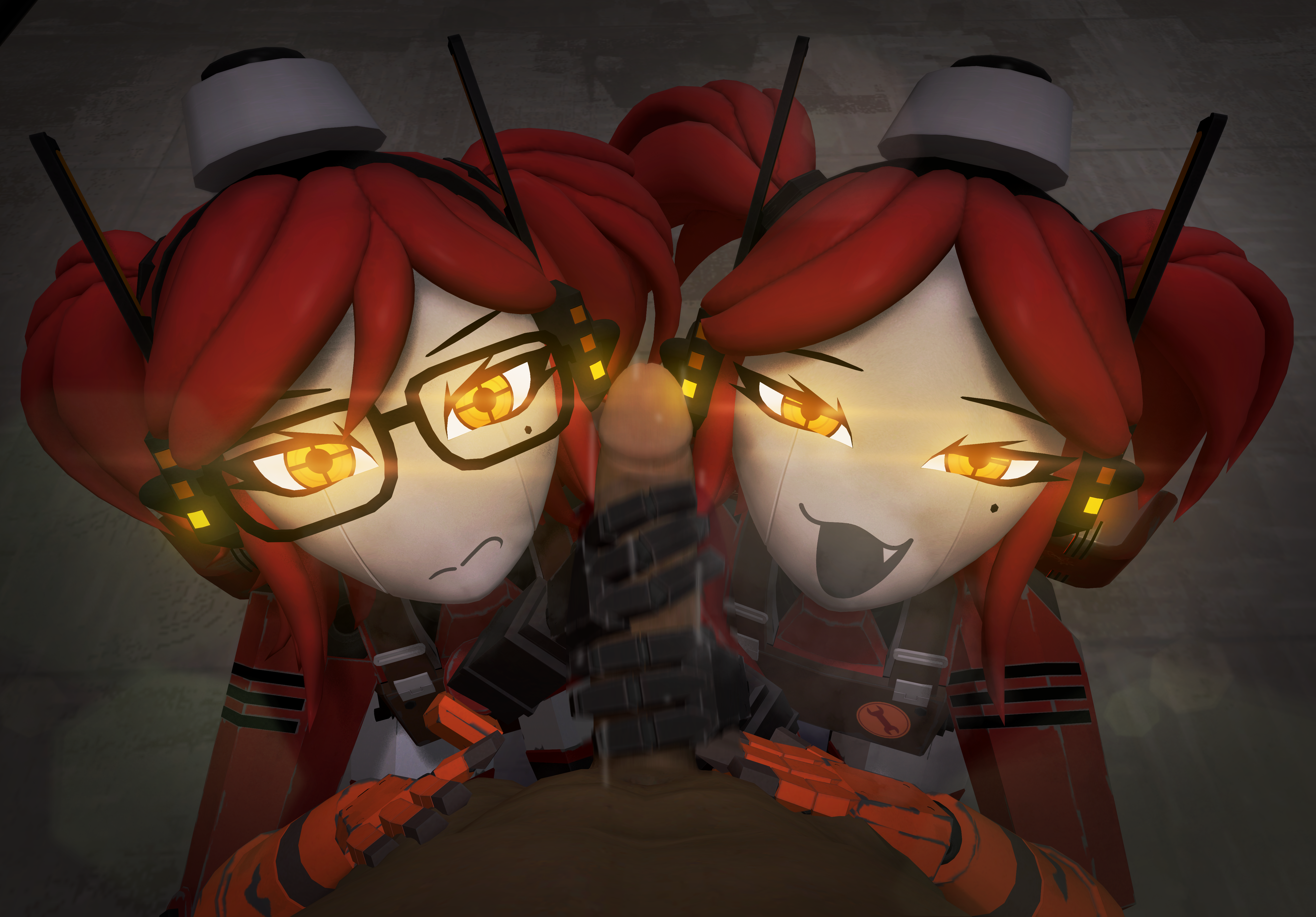 2girls alternate_version_available both_hands_on_cock flash garry's_mod glasses handjob holding_penis lens_flare light lisedoub mesugaki mocking nerd red_body red_hair robot robot_girl robot_humanoid smiling smiling_at_viewer tagme team_fortress_2 teleporter_(team_fortress_2) teleporter_twins_(team_fortress_2) twins white_face yellow_eyes