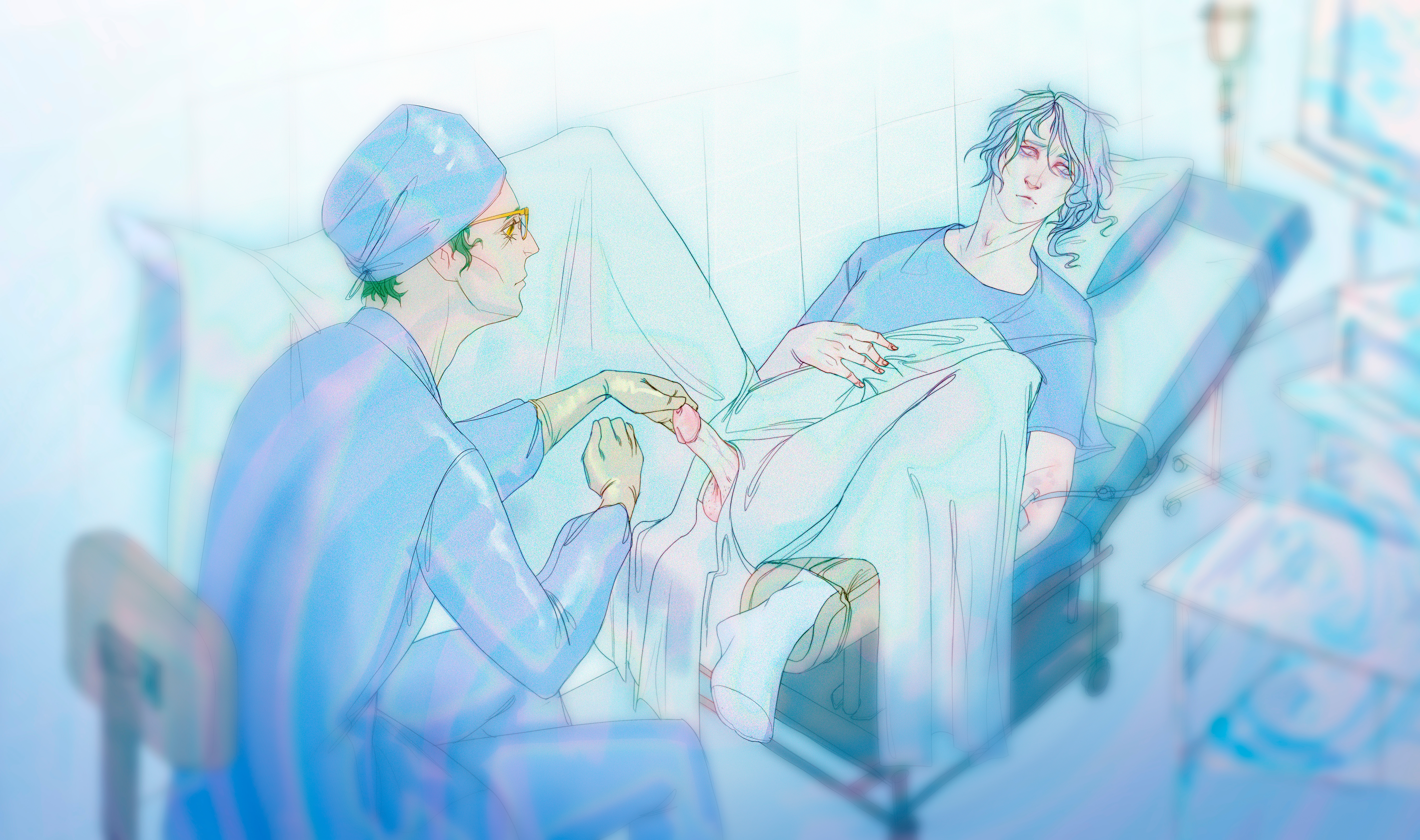 2boys, baizhu (genshin impact), ballsack, blue hair, doctor, doctor on patient, erect penis, gay, genshin impact, glasses, green hair, hospital, hospital bed, hospital gown, hospital room, kamisato ayato, legs apart, male, male/male, male only, medic, medical, medical examination, medical gloves, penis, shaved balls, touching penis, yaoi, 