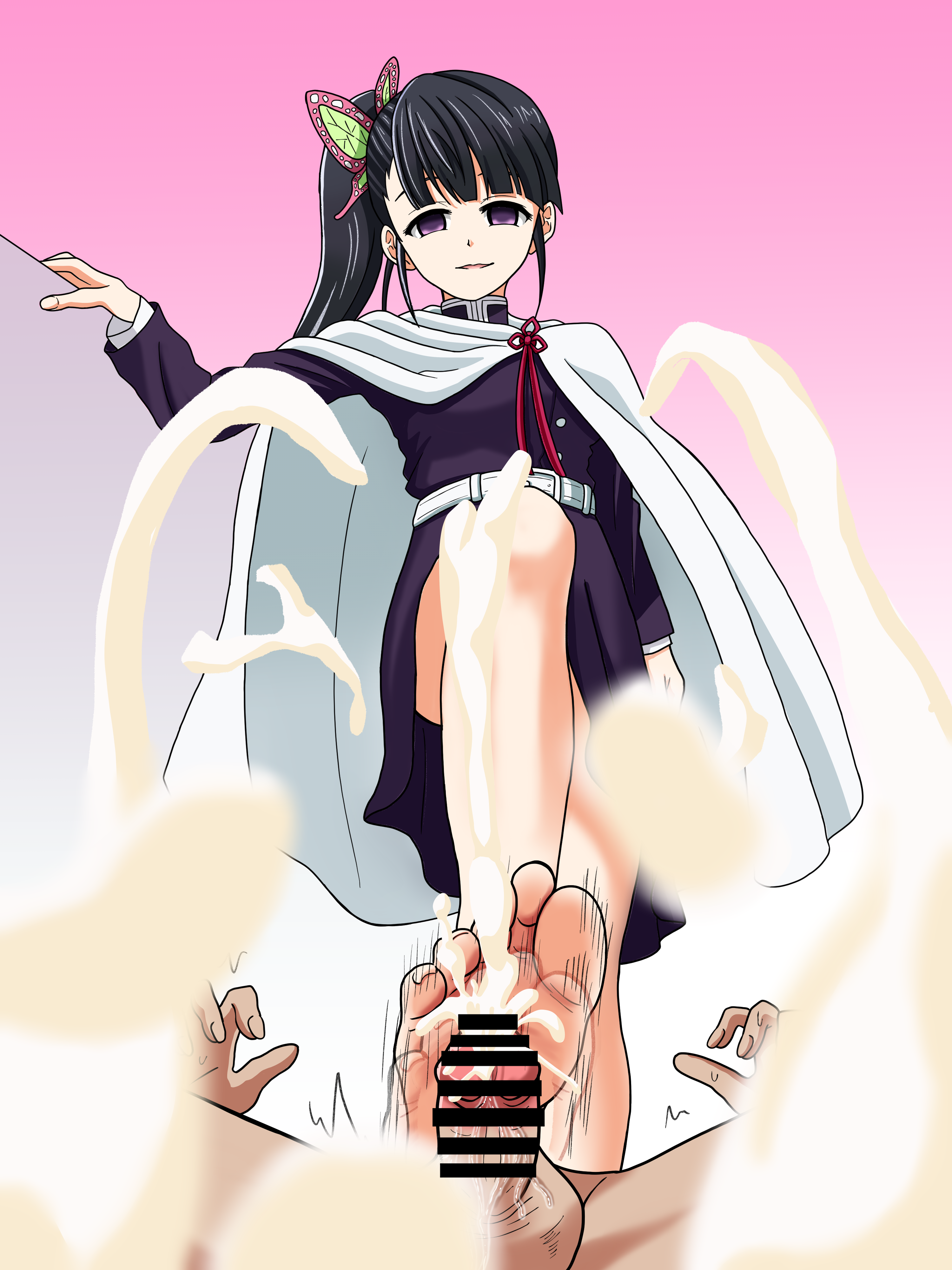 1boy 1girls asian_female bangs barefoot belt black_hair butterfly_hair_ornament cape censored censored_penis cum dark_dress demon_slayer ejaculation faceless_male feet female femdom foot_fetish footjob full_body fully_clothed gradient_background kimetsu_no_yaiba legs long_legs looking_down low-angle_view male nush_advance penis pink_background ponytail side_ponytail smile soles standing standing_on_one_leg standing_over_viewer standing_sex stepping_on_penis teenager toes tsuyuri_kanao unexpected_dom uniform upskirt
