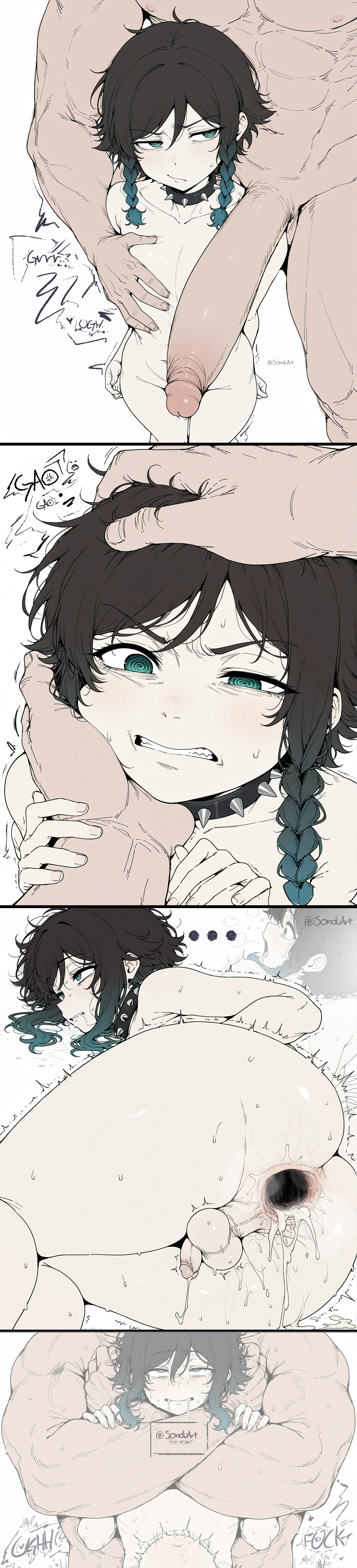 2boys after_anal anal androgynous anus asphyxiation ass bangs black_hair blush braid choker clenched_teeth closed_eyes comic cum cum_in_ass fellatio femboy femboy_focus femboy_on_male femboy_only femboysub feminine_male feminization gaping genshin green_eyes head_grab impact instant_loss male male/male male_focus male_only multicolored_hair multiple_boys muscular nipples nude open_mouth otoko_no_ko otokonoko penis sex side_braids simple_background sissy sissyfication slap_mark spot_color spread_anus strangling sweat teeth testicles trap twin_braids twink uncensored venti_(genshin_impact) white_background yaoi