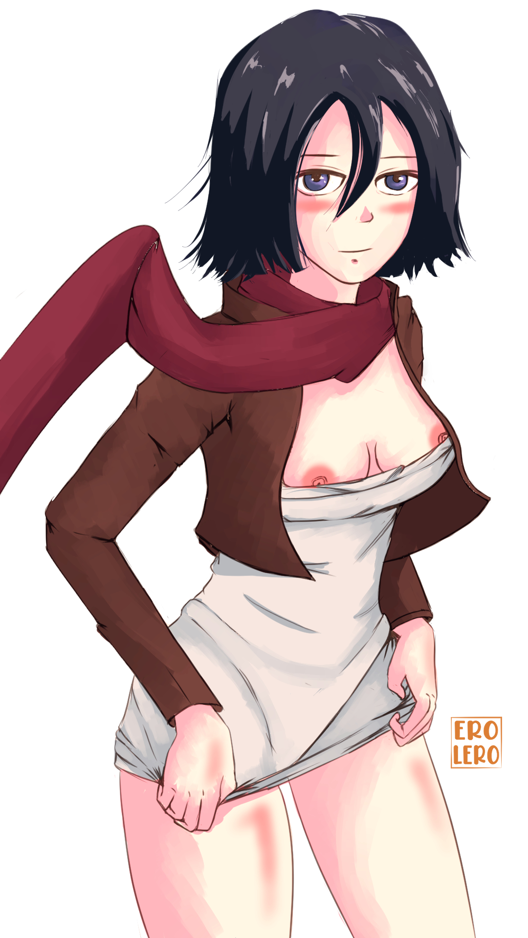 mikasa ackerman, shingeki no kyojin, breasts, exhibitionism, flashing, upskirt, 