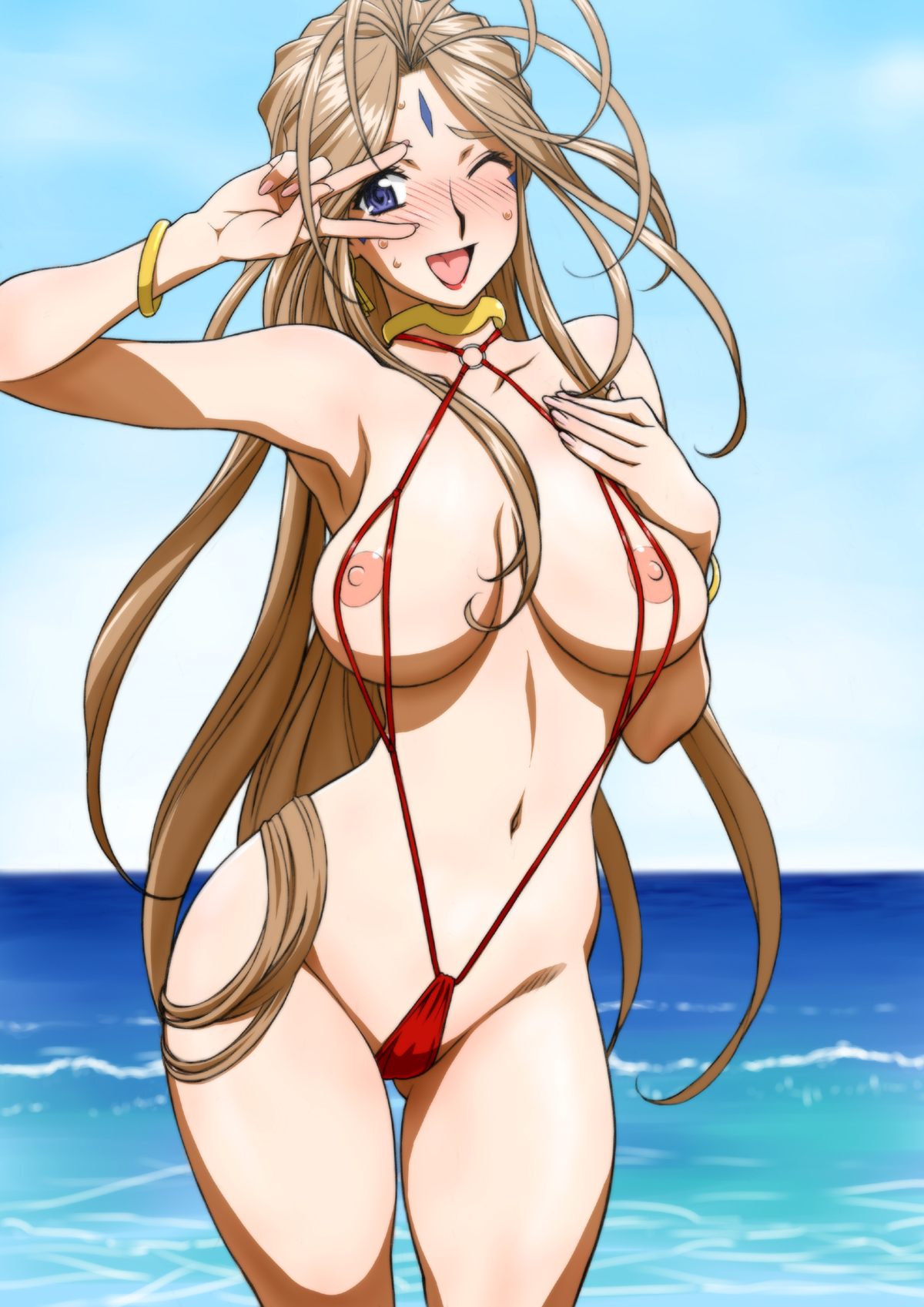 joy division, belldandy, oh my goddess!, antenna hair, armlet, beach, blush, breasts, brown hair, collar, earrings, facial markings, female, hand on chest, jewelry, nipples, nude, outdoors, public nudity, sweat, thigh gap, v, wink, 