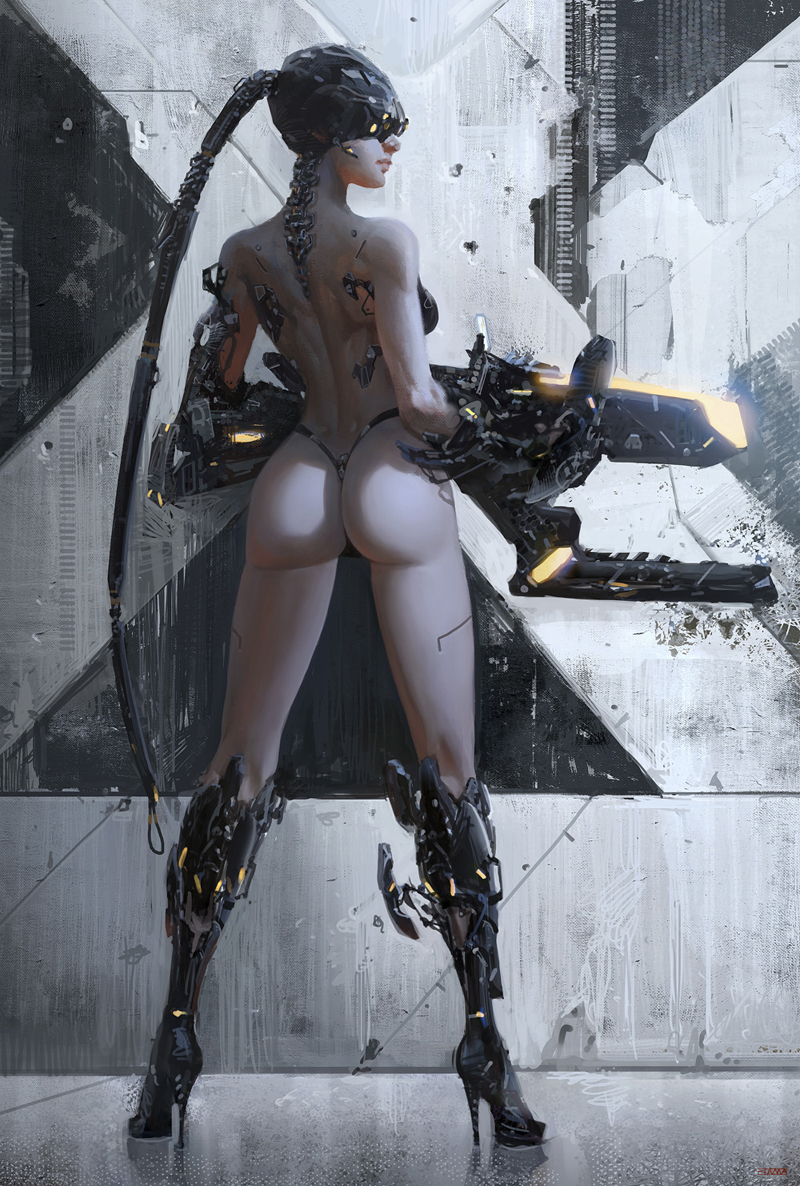 original, armor, artist name, ass, back, bare shoulders, black panties, boots, breasts, butt, cyborg, dat ass, energy gun, etama quomo, female, from behind, full body, greaves, gun, high heel boots, high heels, highleg, highleg panties, legs apart, looking away, mechanical parts, mechanical spine, medium breasts, panties, petite, photoshop (medium), ponytail, shoulder blades, solo, standing, thong, underwear, visor, weapon, 