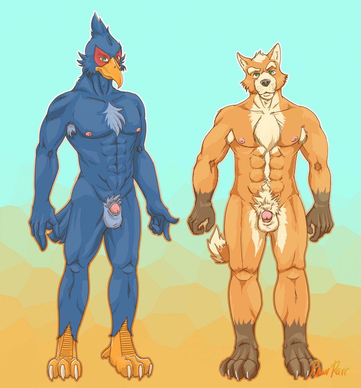 rawrrarr, fox mccloud, nintendo, star fox, avian, balls, canine, duo, falo lombardy, flaccid, fox, gay, male, mammal, nipples, pecs, penis, video games, yaoi, 