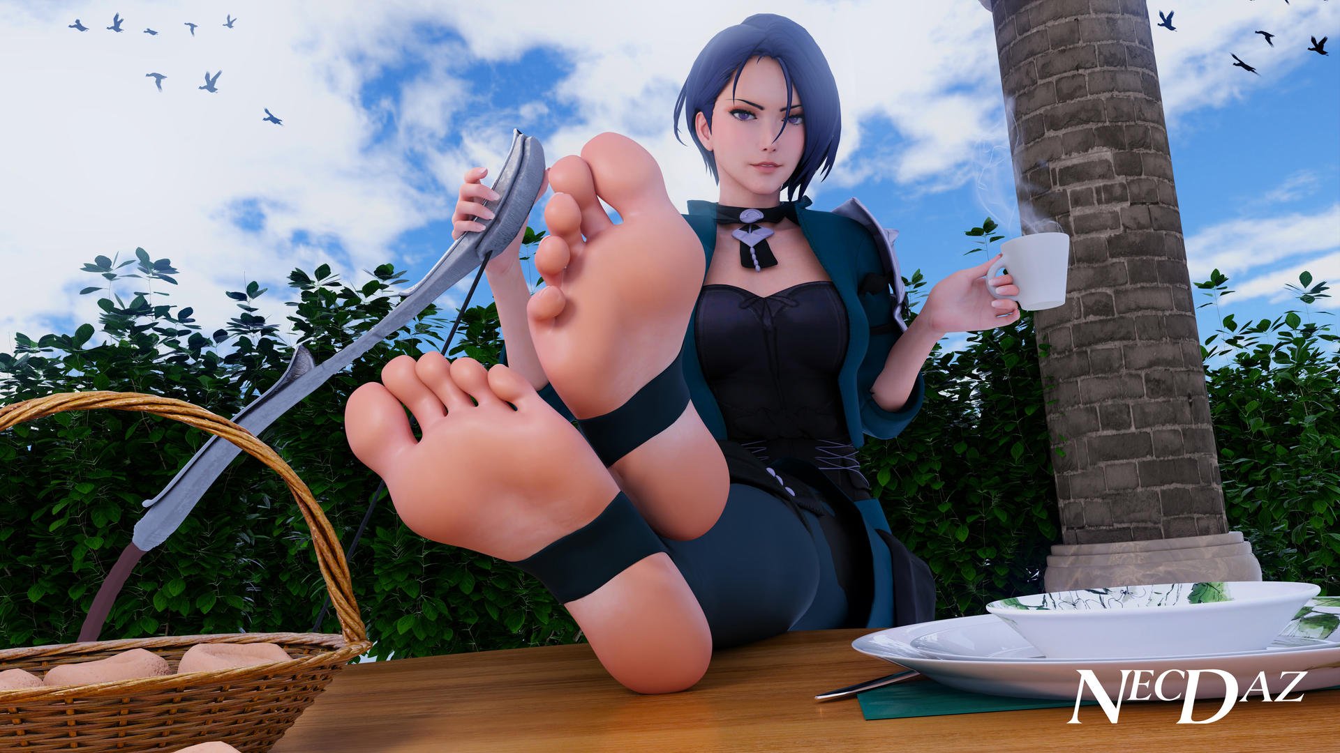 necdaz91, 3d, absurdres, highres, realistic, 1girls, bangs, barefoot, big breasts, blonde hair, blue suit, bodysuit, breasts, clothed female, feet, feet up, female, female only, foot focus, foot up, green eyes, large breasts, looking at viewer, presenting feet, sitting, soles, solo, toenails, toes, wide hips, 