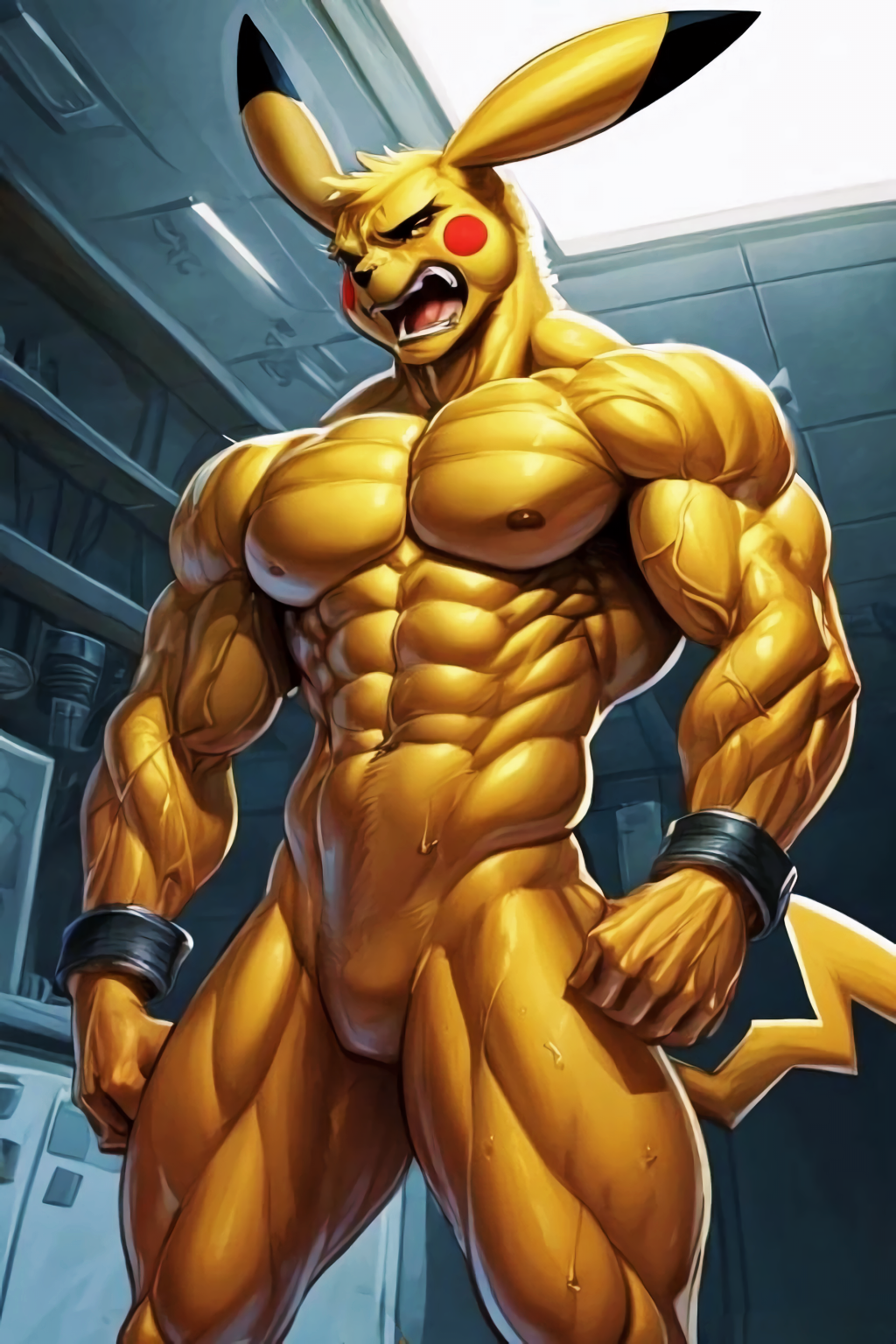 pikachu, pokemon (species), abs, ai generated, anthro, athletic, athletic anthro, athletic male, biceps, big muscles, bondage, bound, fur, generation 1 pokemon, growth, male, muscle growth, muscular, muscular anthro, muscular arms, muscular male, muscular thighs, navel, nipples, nude, pecs, pokemon, restraints, screaming, solo, standing, steroids, transformation, triceps, veiny arms, veiny biceps, veiny muscles, veiny triceps, yellow body, yellow fur, 