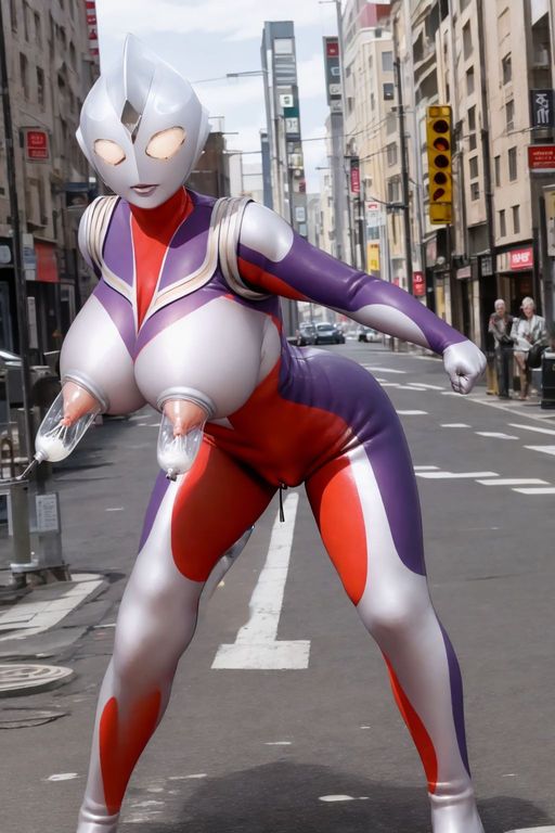 ai generated, building, heroine, lactation, large breasts, latex, latex gloves, latex suit, solo, solo female, sucking nipples, thick thighs, ultrawoman thiccga (tiga63), 