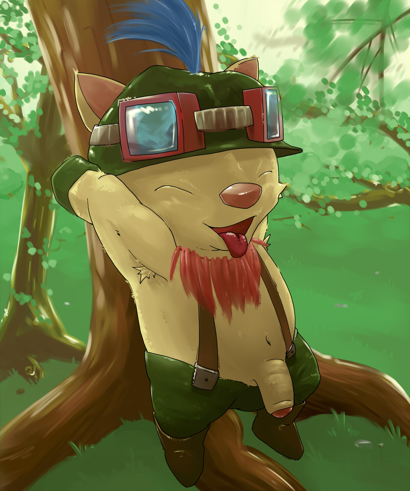 teemo, league of legends, 1boy, armpits, boots, flaccid, goggles, hat, male, male only, necklace, pants, penis, solo, suspenders, topless, uncut, 